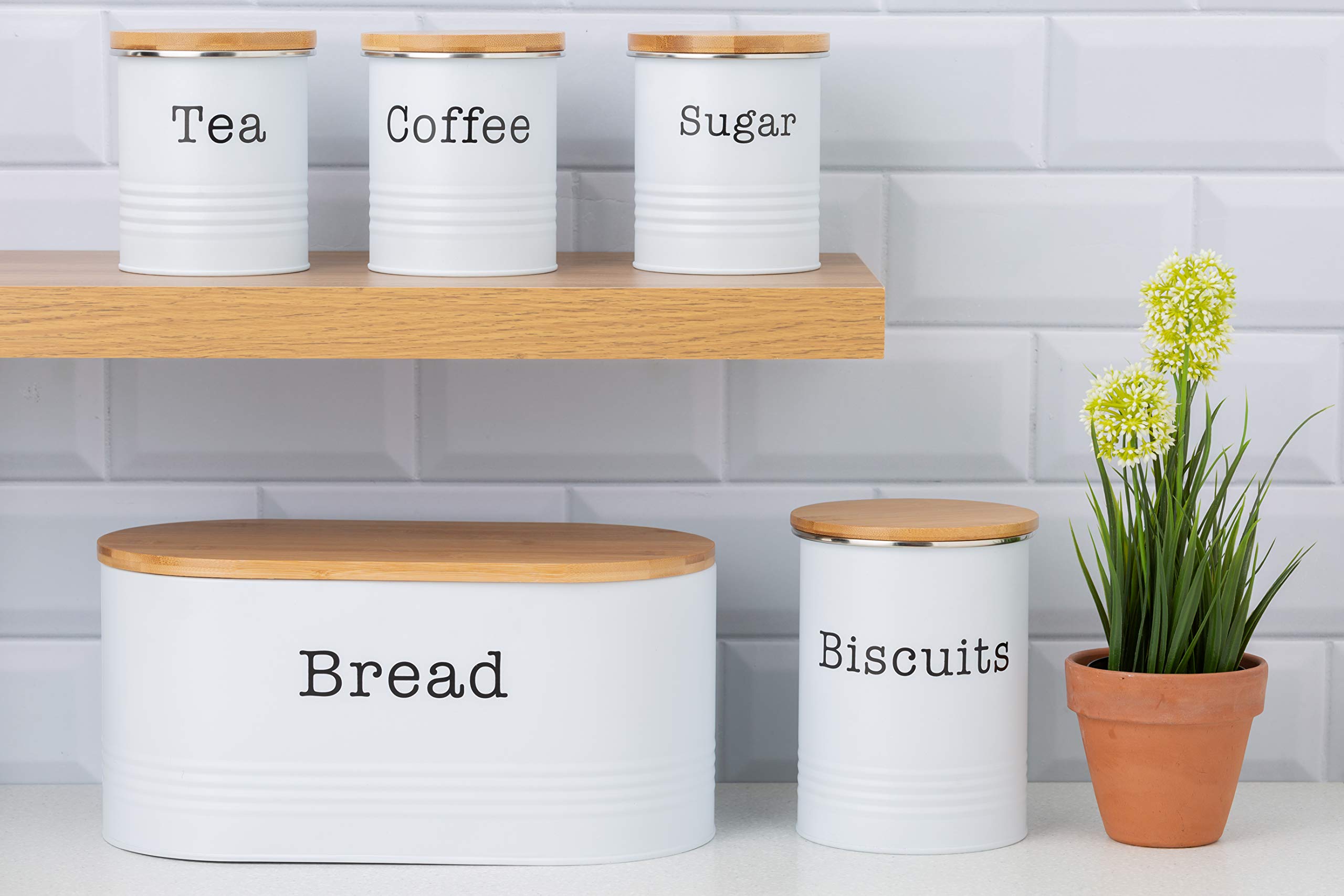 Bread Bin White Tea Coffee Sugar Set EHC 5pc Essential Tea, Coffee