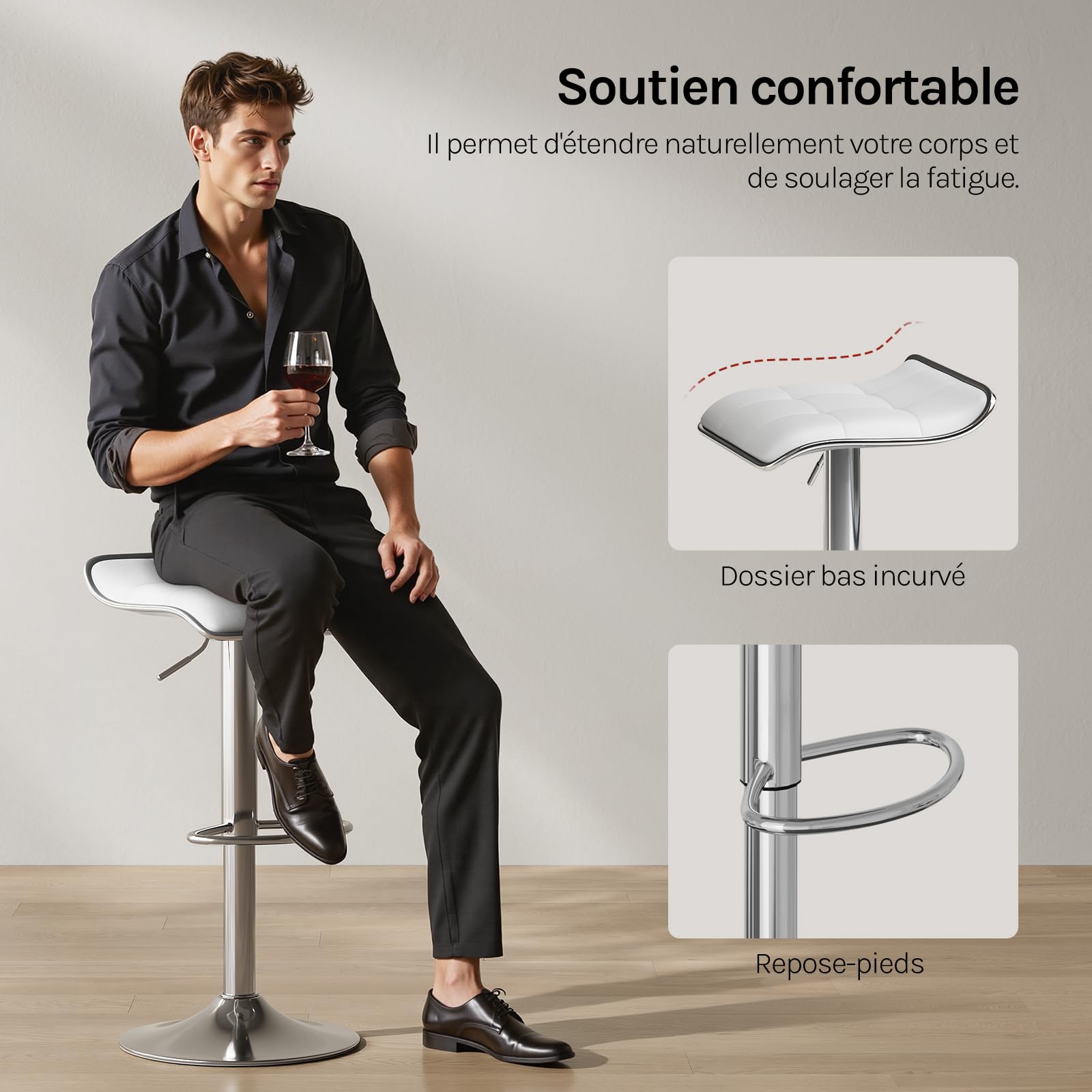 WOLTU Tabourets de Bar Lot de 2, Réglable en Hauteur, PU, Blanc | Chaise Haute Cuisine avec Repose-Pieds, Pivotant à 360°, Tabouret pour Bar, Cuisine Salon, Métal