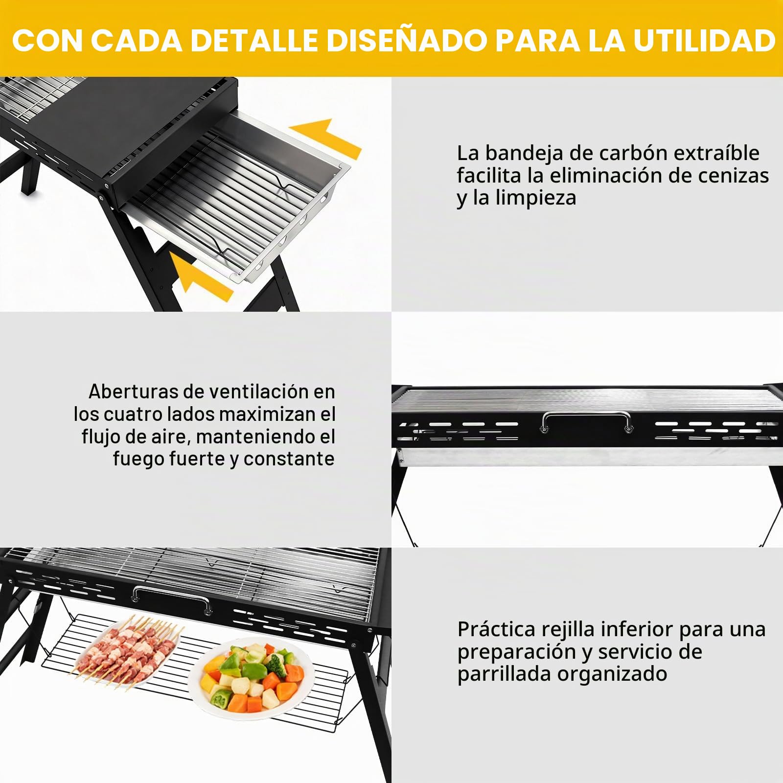 Barbacoa de carbón vegetal plegable barbacoa portátil carbón vegetal plegable barbacoa de jardín para aventuras al aire libre, picnics y camping, superficie de la parrilla 75 x 29,5 cm