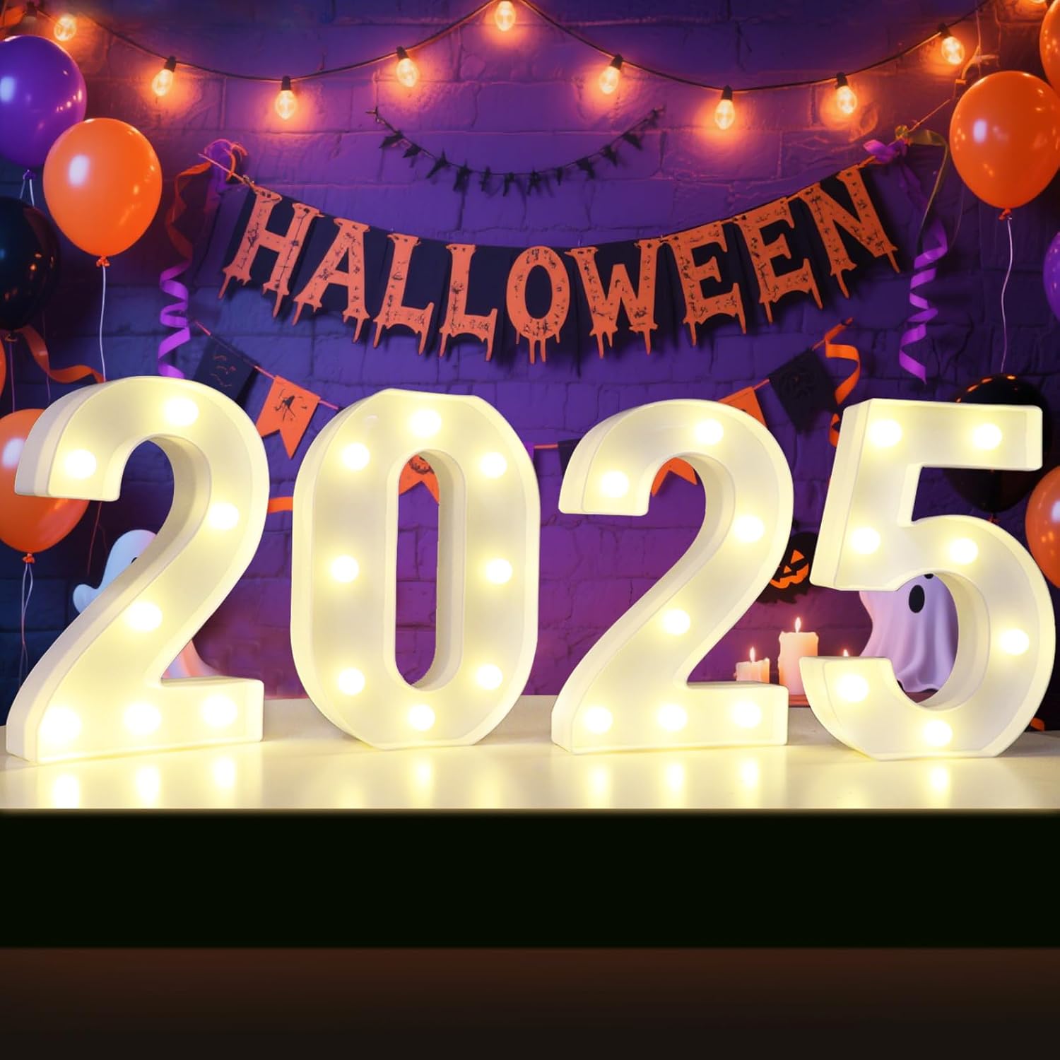 Halloween Decorations 2025 Number Sign, 2025 Marquee Light Up Numbers, Battery Operated Number Lights 2025 Party Supplies for Christmas New Year Holiday Party Table Decor-White White 2025