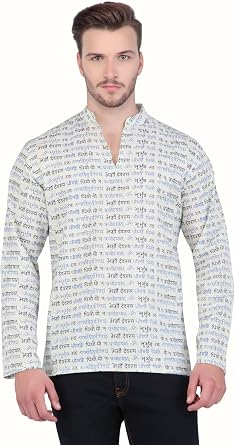 Mens Indian Short Kurta Tunic Positive Mantra Print Shirt; White; XL