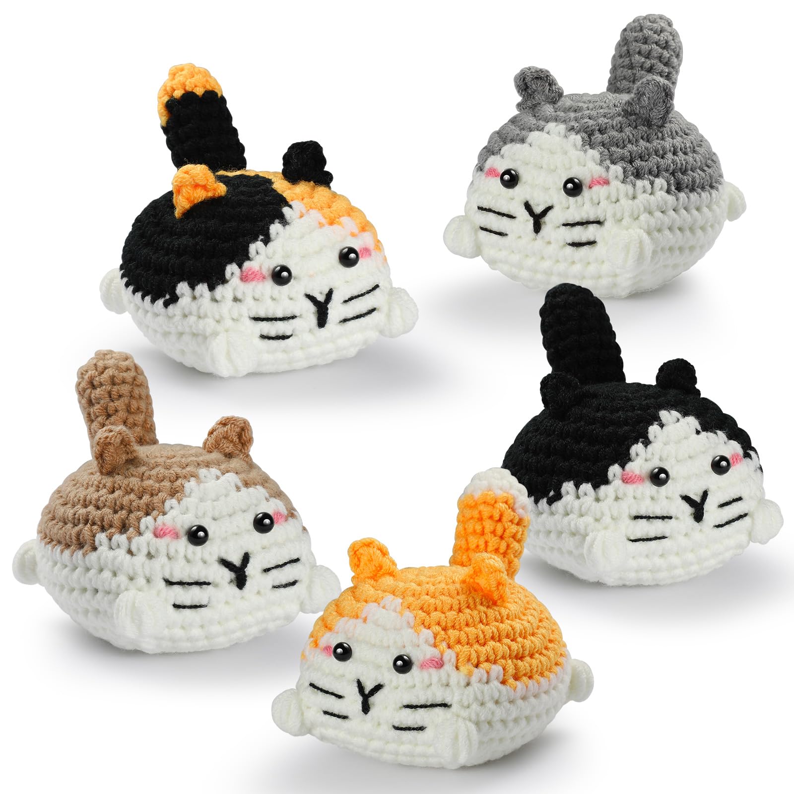 YWQZBHEMO Crochet Kit for Adult Beginners - Crochet Little Cat Kit for Adult Women, 5PCS Knitting Animal Kit with Step-by-Step Video Tutorials