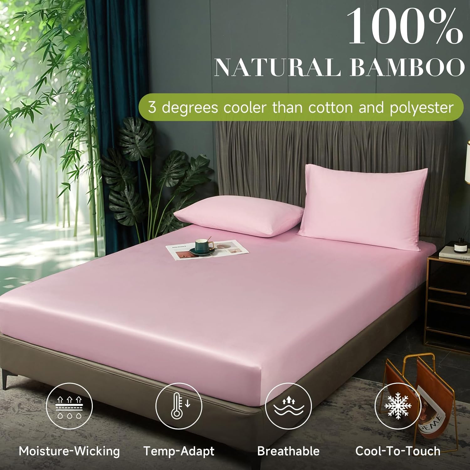 2 Pcs Cooling Fitted Sheet Twin Blush Pink, 100% Viscose Derived from Bamboo Bed Bottom Fitted Sheet Set with Elastic Deep Pocket, Summer Soft Breathable Silky Smooth Mattress Protector Cover