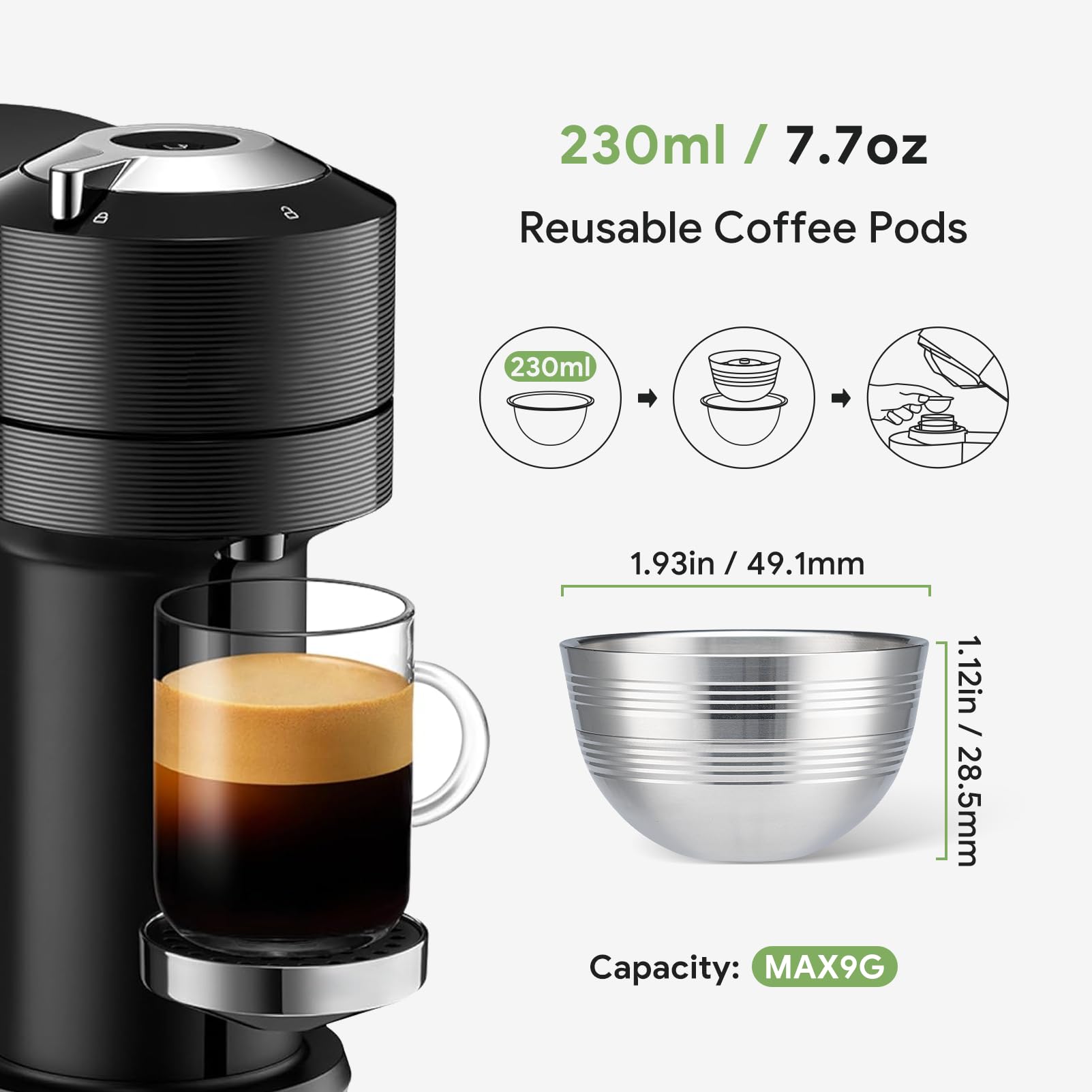 Nespresso Vertuo Pods versión actualizada para cafetera Vertuo Next para hacer café crema de 230 ml, cápsulas reutilizables de acero inoxidable para Vertuo Next, 2 cápsulas 1 manipulador