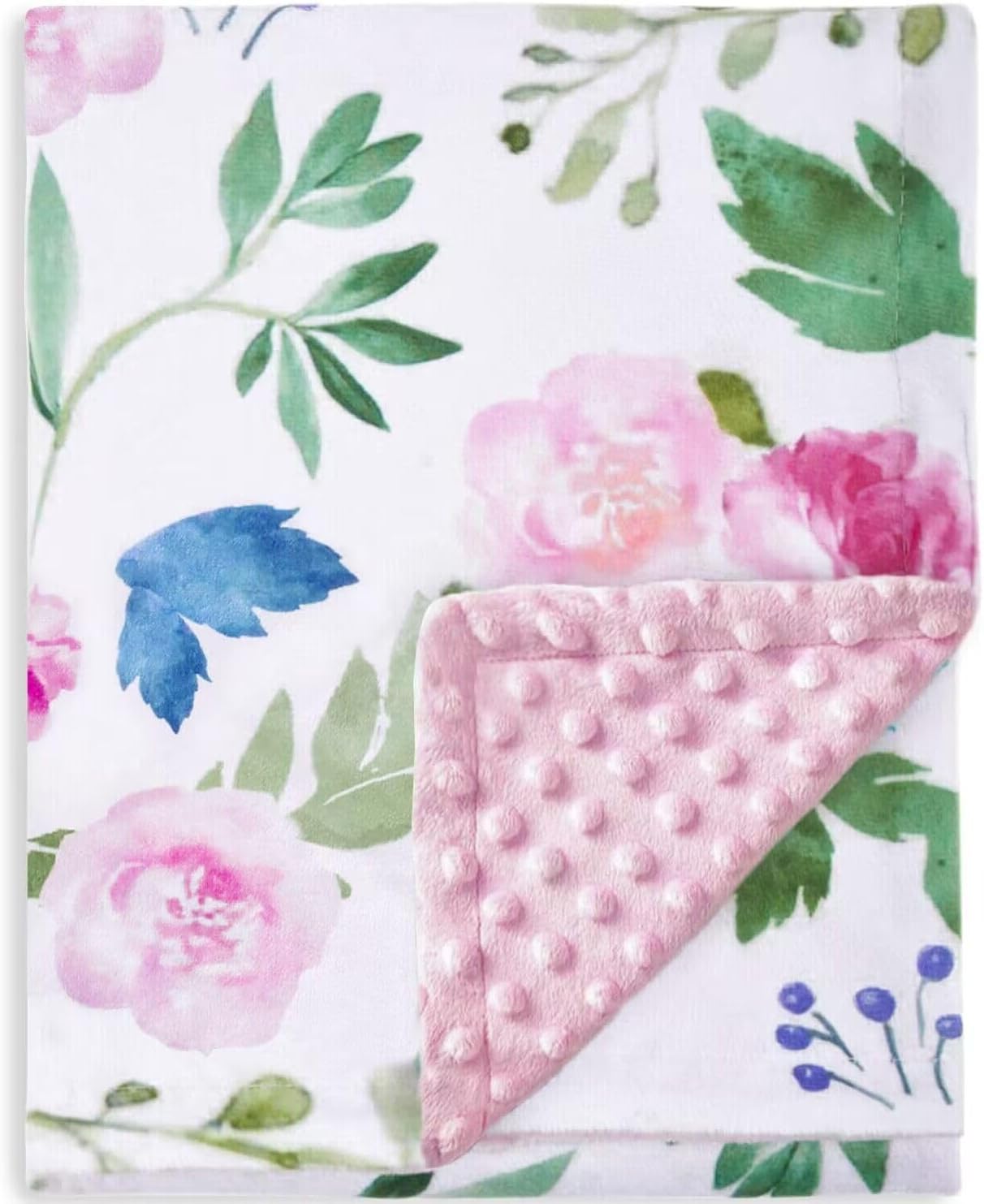 HOMRITAR Baby Blanket for Girls Super Soft Double Layer Minky with Dotted Backing, Receiving Blanket with Pink Floral Multicolor Printed Blanket 30 x 40 Inch(75x100cm)