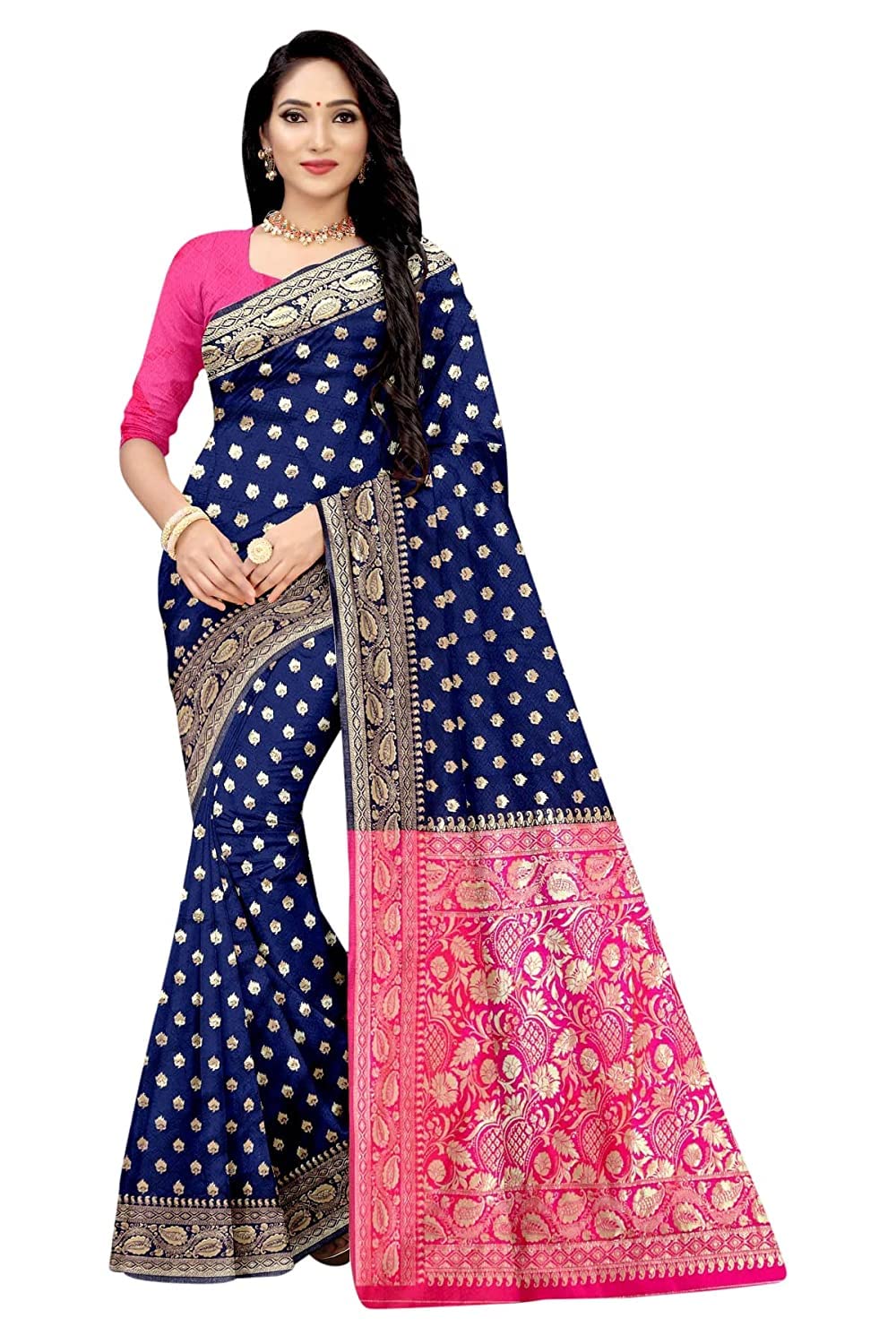 Peegli Indian Women Banarasi Jacquard Saree with Assorted Pant Shirt Fabri Set
