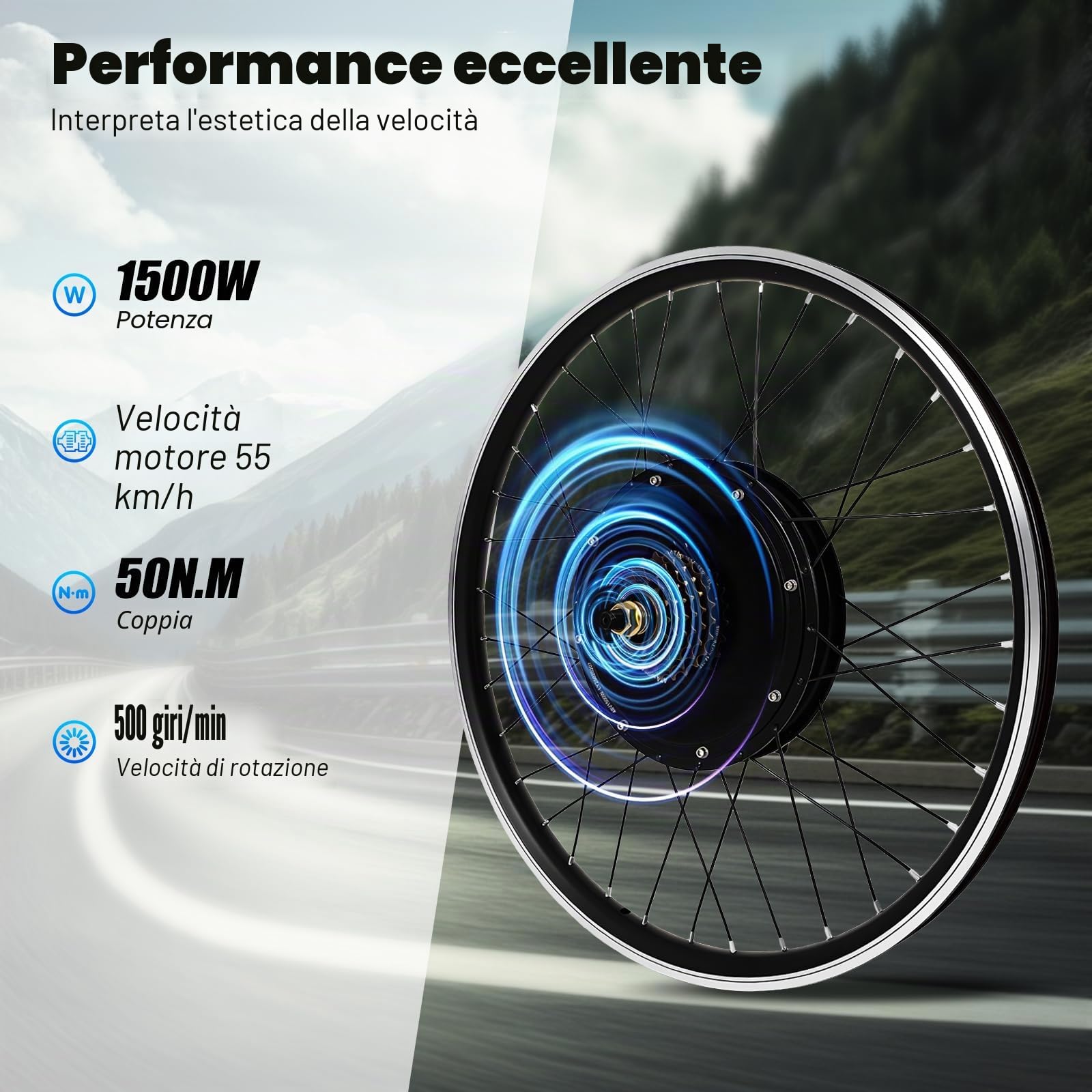 Kit di conversione per bicicletta elettrica da 26 pollici, 48 V, 1500 W, kit di conversione per ruota posteriore con display LCD, controller e volano a 7 velocità e PAS, kit di conversione per