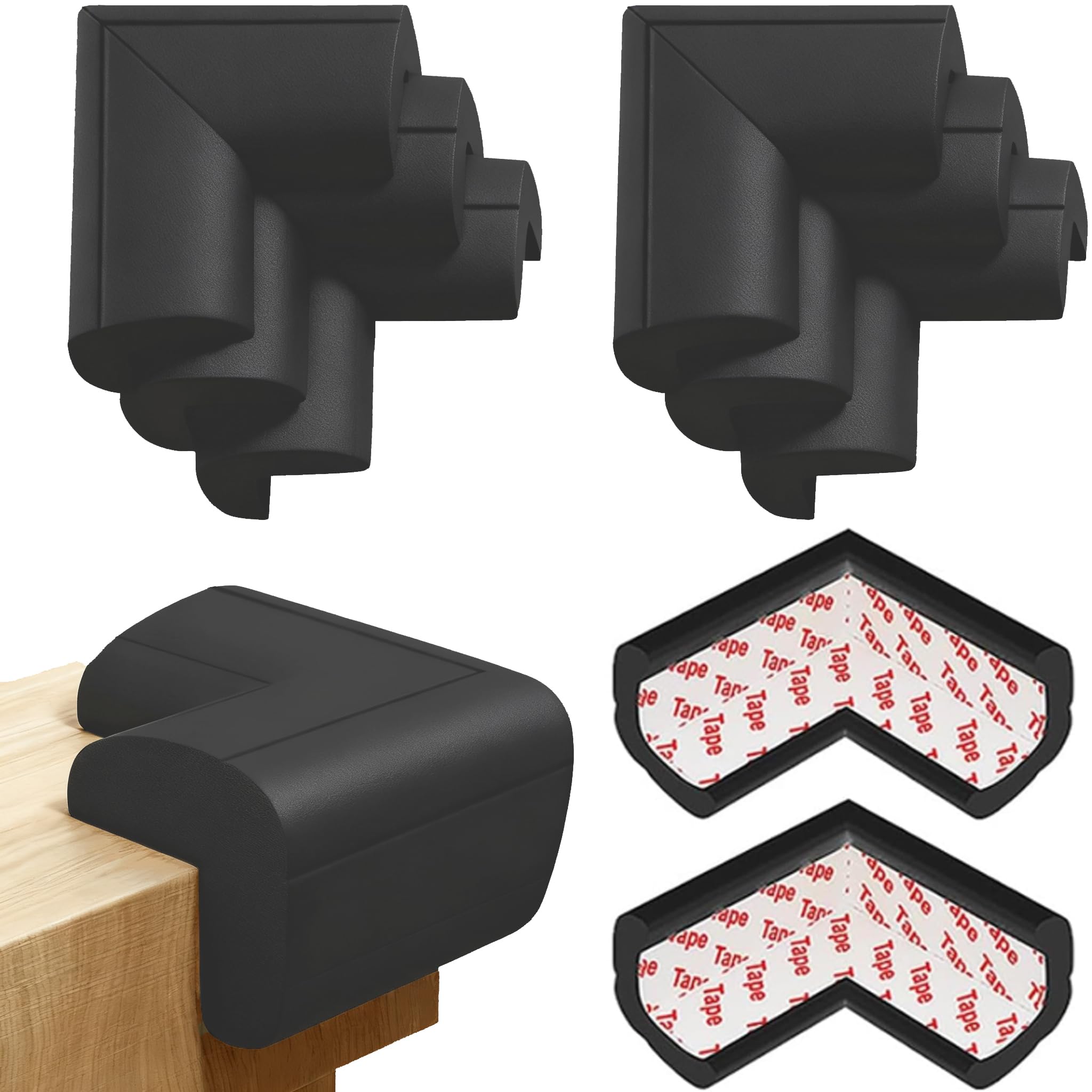 8 Pack Large Table Corner Protector for Kids, Baby Proofing Soft Rubber Foam Cushion Corner Covers, Heavy-Duty Corner Bumper Guards for Furniture Stair Cabinet Fireplace - Pre-Taped, Black