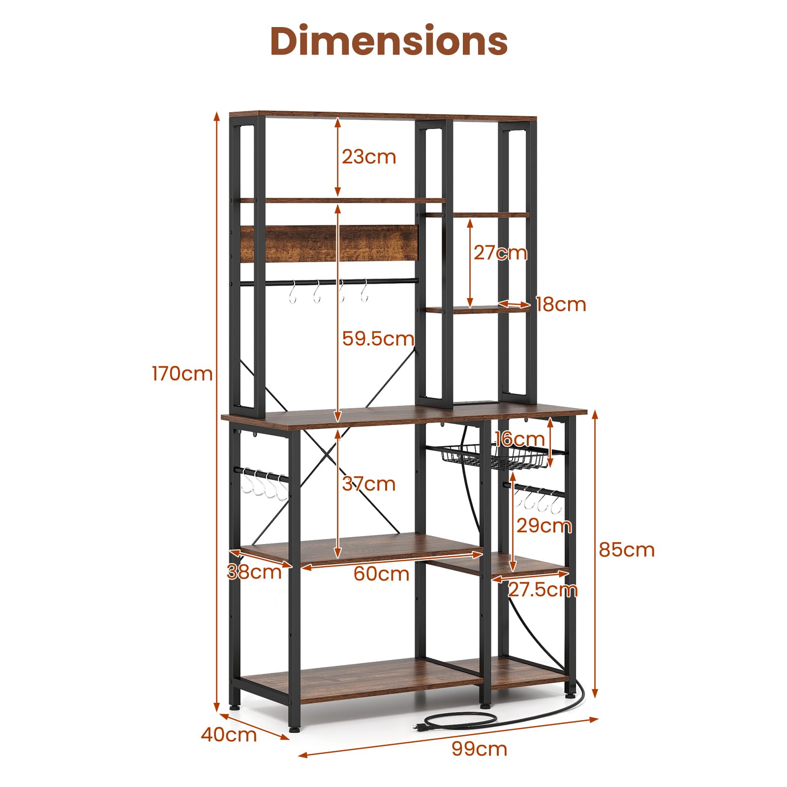 KOMFOTTEU Scaffale da Cucina con Stazione di Ricarica, Mobile Dispensa Cucina a 9 Livelli con 12 Ganci, Mensola Microonde Industriale, per Soggiorno, Sala da Pranzo, 99 x 40 x 170 cm