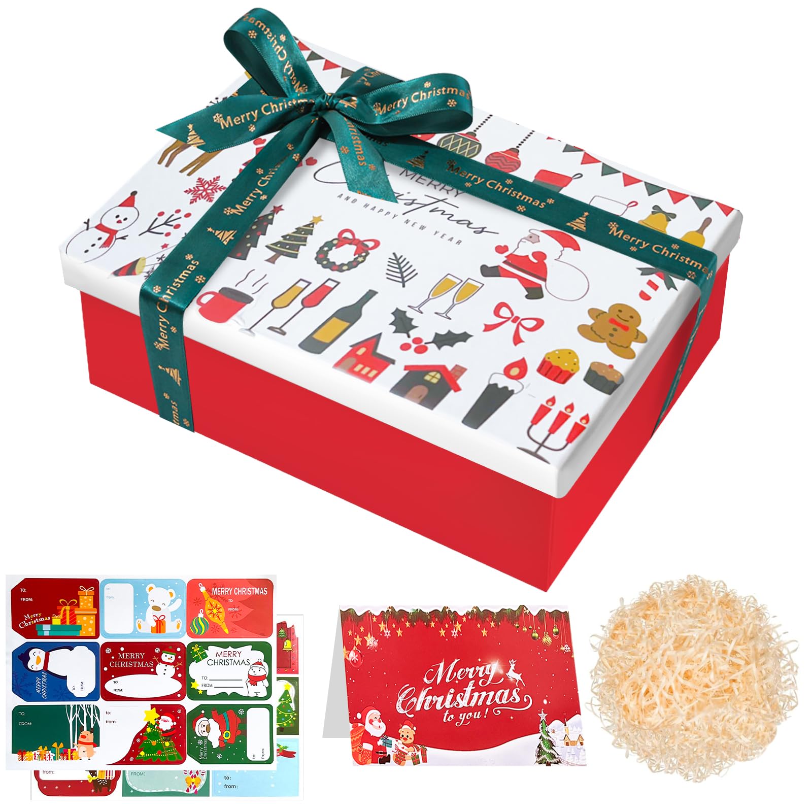 FICOFISE Christmas Boxes with Lids, Luxury Gift Boxes for Presents - 11.3x8.2x4.1in Sturdy Foldable Cardboard Box, Includes Xmas Stickers, Card & Raffia, Christmas Party Favor Supplies (White)