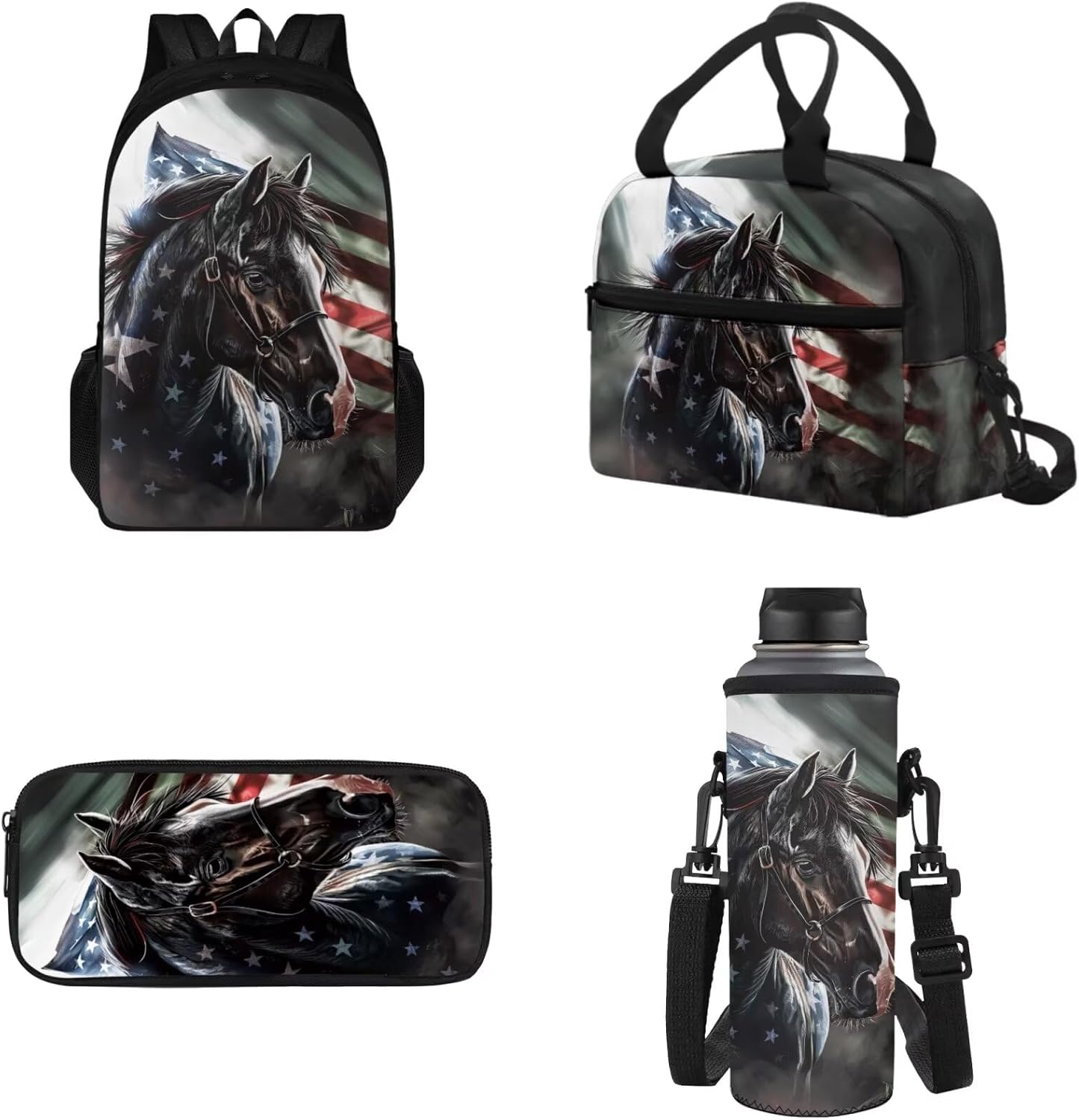 American Flag Horse Student Backpack, Portable Kids Student Bookbag with Water Bottle Sleeve Lunch Box Pencil Case for School, Back to School Gift for Boys Girls