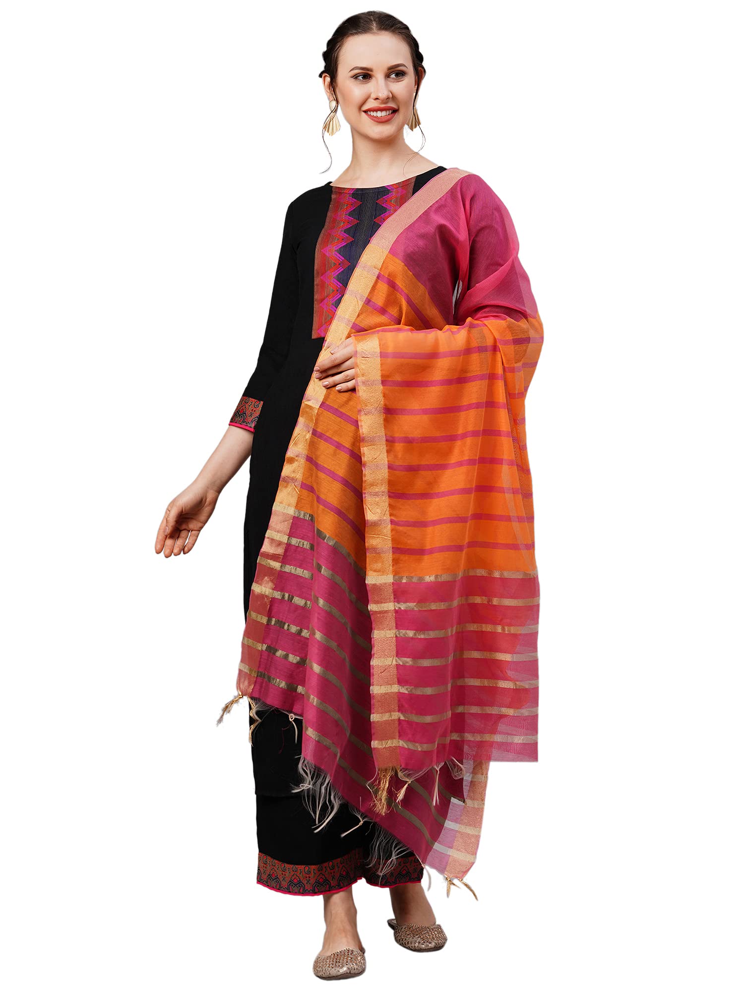 INDO ERAWomen's Solid Straight Pure Cotton Kurta Palazzo with Dupatta Set (IE10KS4BE1096)