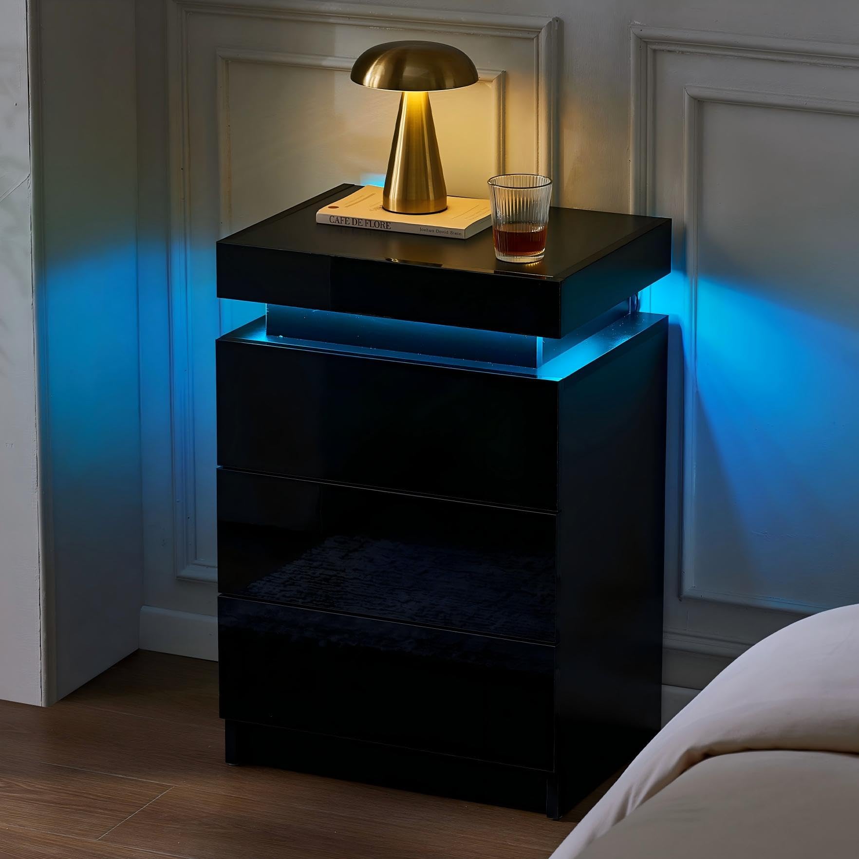 CLIPOP Modern Nightstand, LED Night Stand with 3 High Gloss Chest of Drawers, Bedside Table Cabinet with Remote Control Lights, Wood Matte Nightstand
