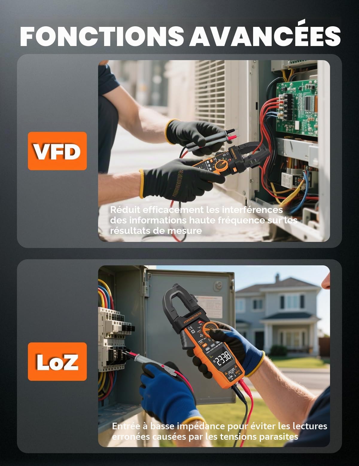 Pince Ampèremétrique Numérique 6000 Comptes Multimètre Digital 1000A avec VFD en LoZ, 1000V CC/750V CA, Voltmètre Ampèremètre Professionnel CM06PRO, Mesure AC/DC, Courant d'Appel, etc