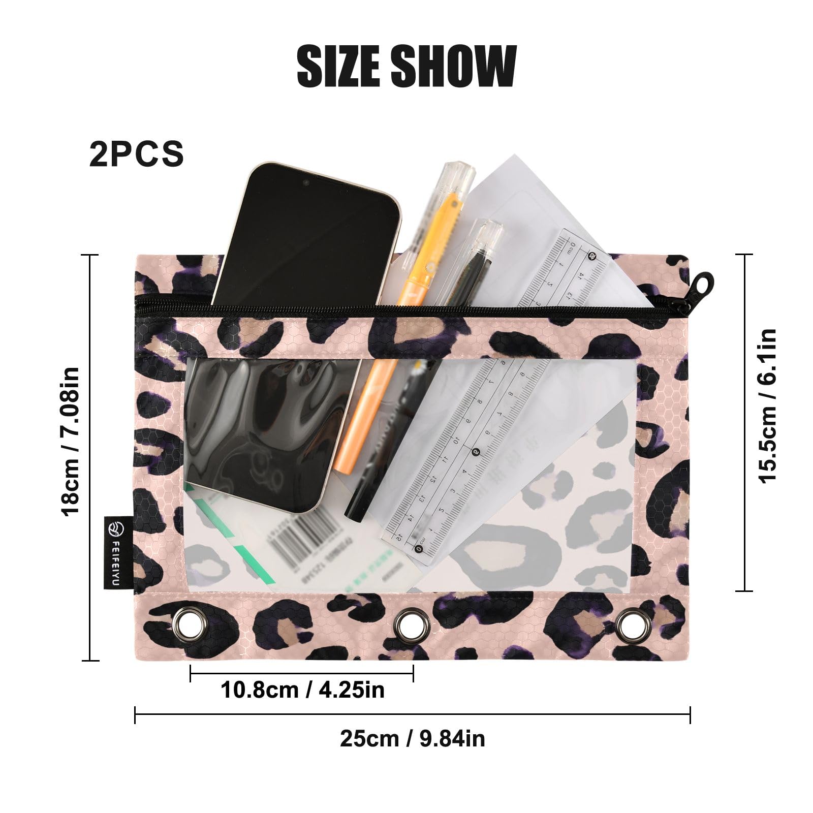 Estuche para lápices rosa con estampado de leopardo para carpeta de 3 anillos, 2 estuches para lápices con cremallera, estuche transparente con cremallera para lápices para suministros escolares de