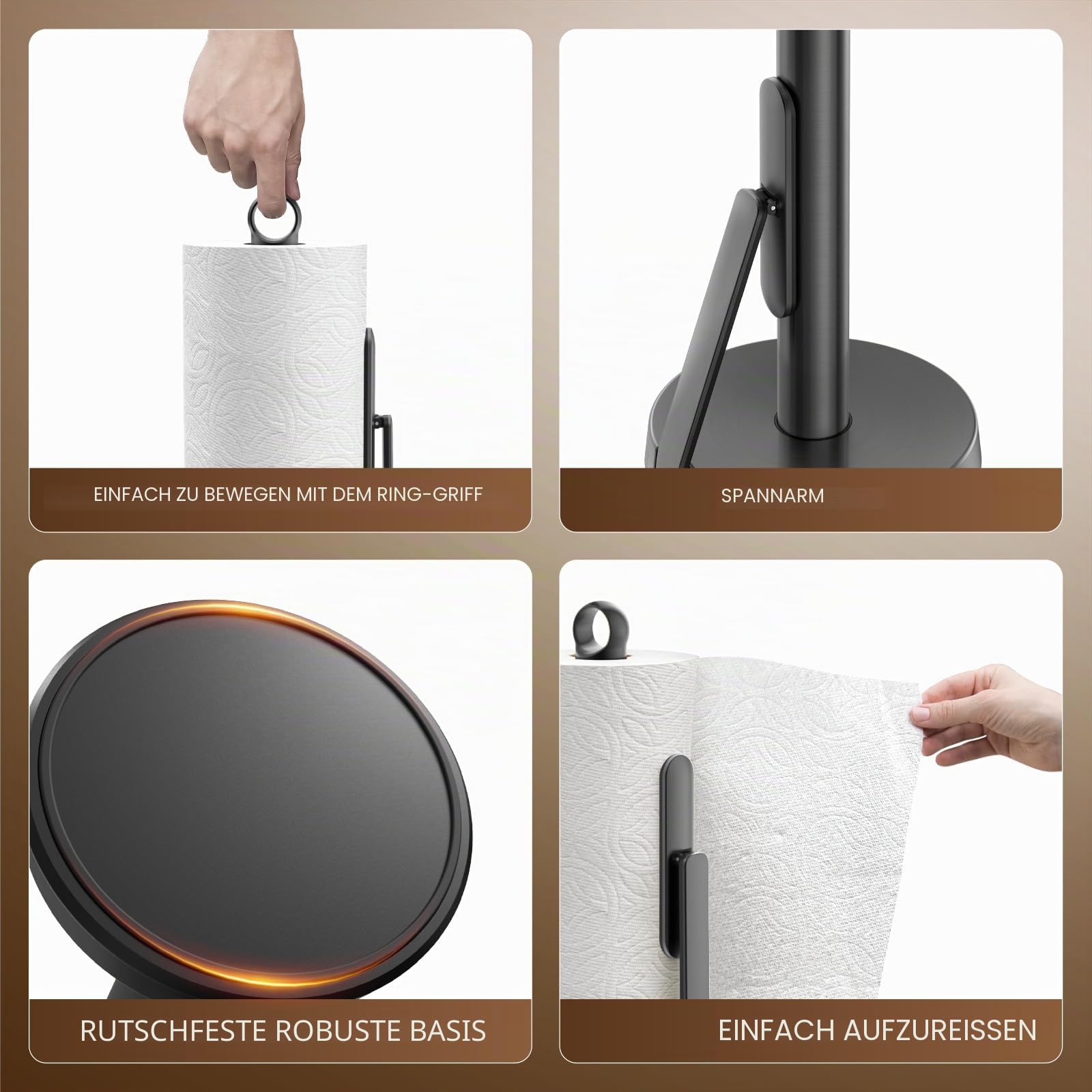 theaoo Robuster Edelstahl-Papierhandtuchhalter mit Spannarm, einfaches Einhandreißen, moderner stehender Arbeitsplattenspender für die Küche, hält alle Papierhandtuchrollen (1, Schwarz)