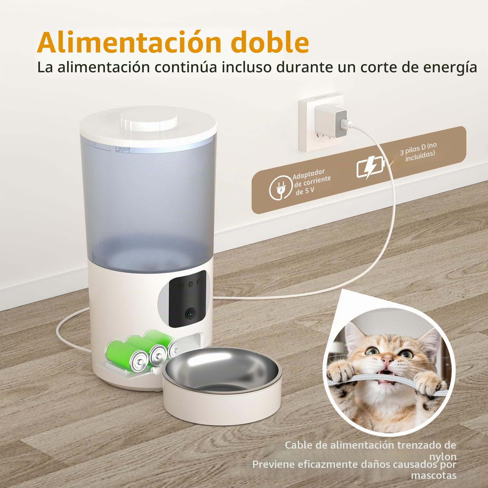 PF1-6L Comedero Gato Automatico WiFi, Cámara 1080P HD, Cuenco de Acero Inoxidable, Programable y con raciones, Antisuciedad y Cierre automático de Salida, Batería de Reserva