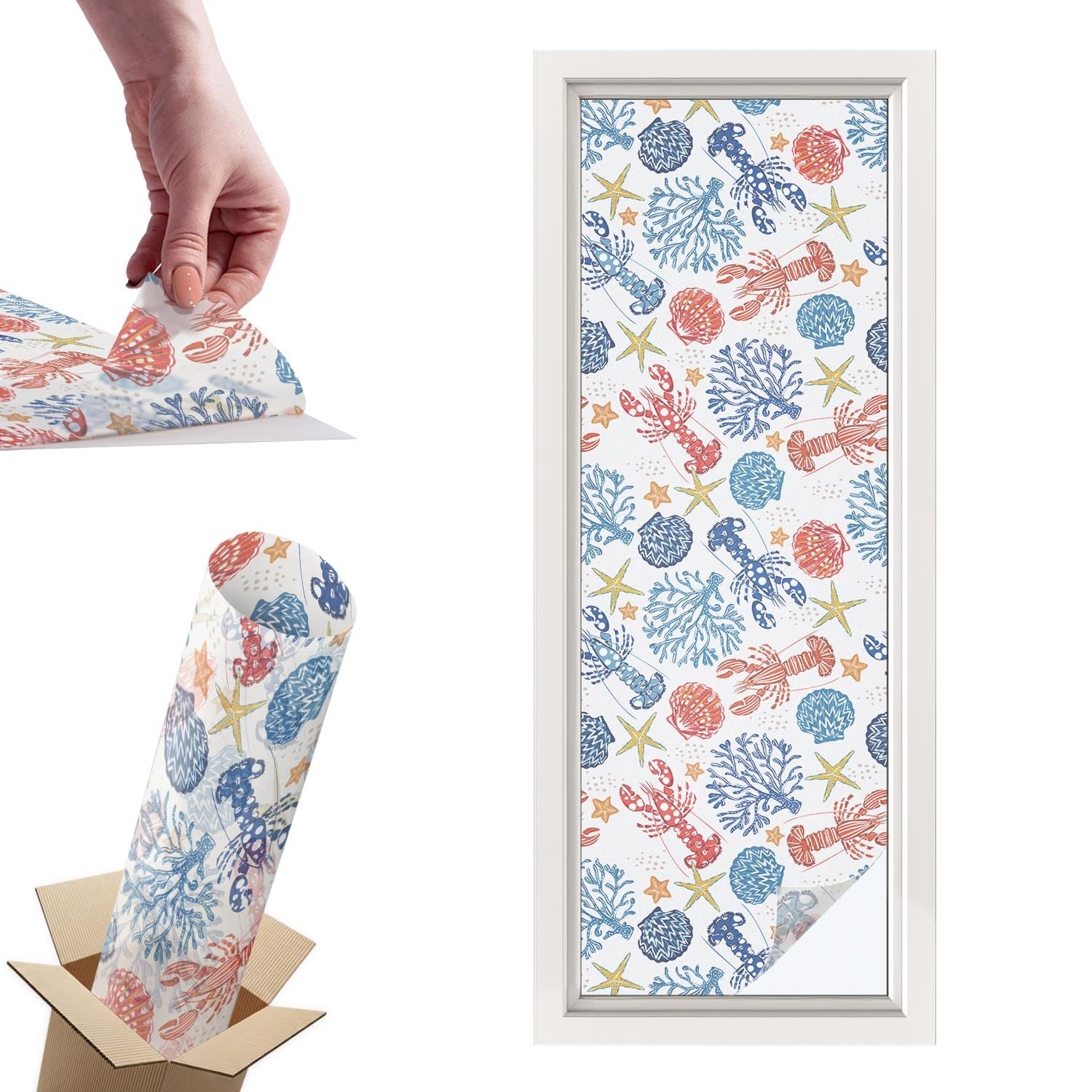 Film pour vitre intimité 50x146 cm en PVC adhésif décoratif motif écrevisses et coraux
