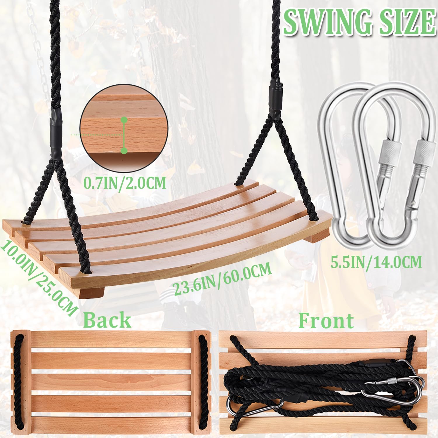Volwassen Boom Schommel Waterdicht Hout Swing Opknoping Beech boom Zwaai tuin Zwenk Stoel voor Binnen Buiten met Verstelbaar Touw (60x25cm