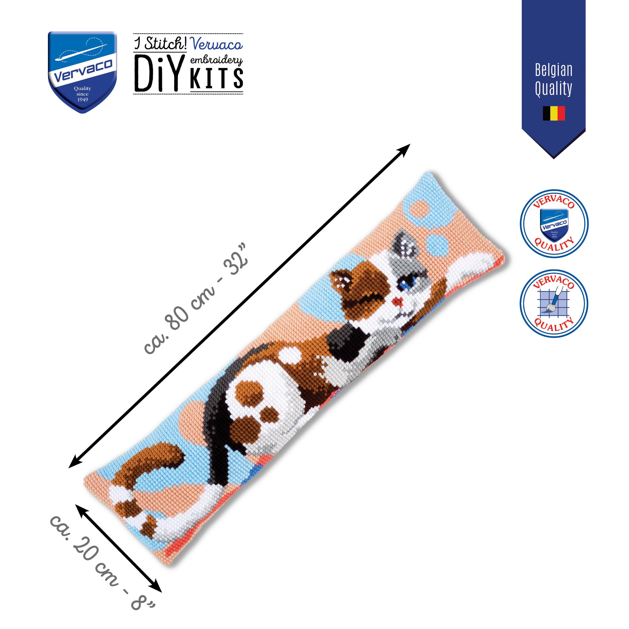 Vervaco Kreuzstich Stickpackungen Dekorative Zugluftstopper Vorgedruckt Kissen Katze DIY Set Kreativ Set Für Erwachsene ca. 80 x 20 cm Bastelset Handwerker Haus Dekoration