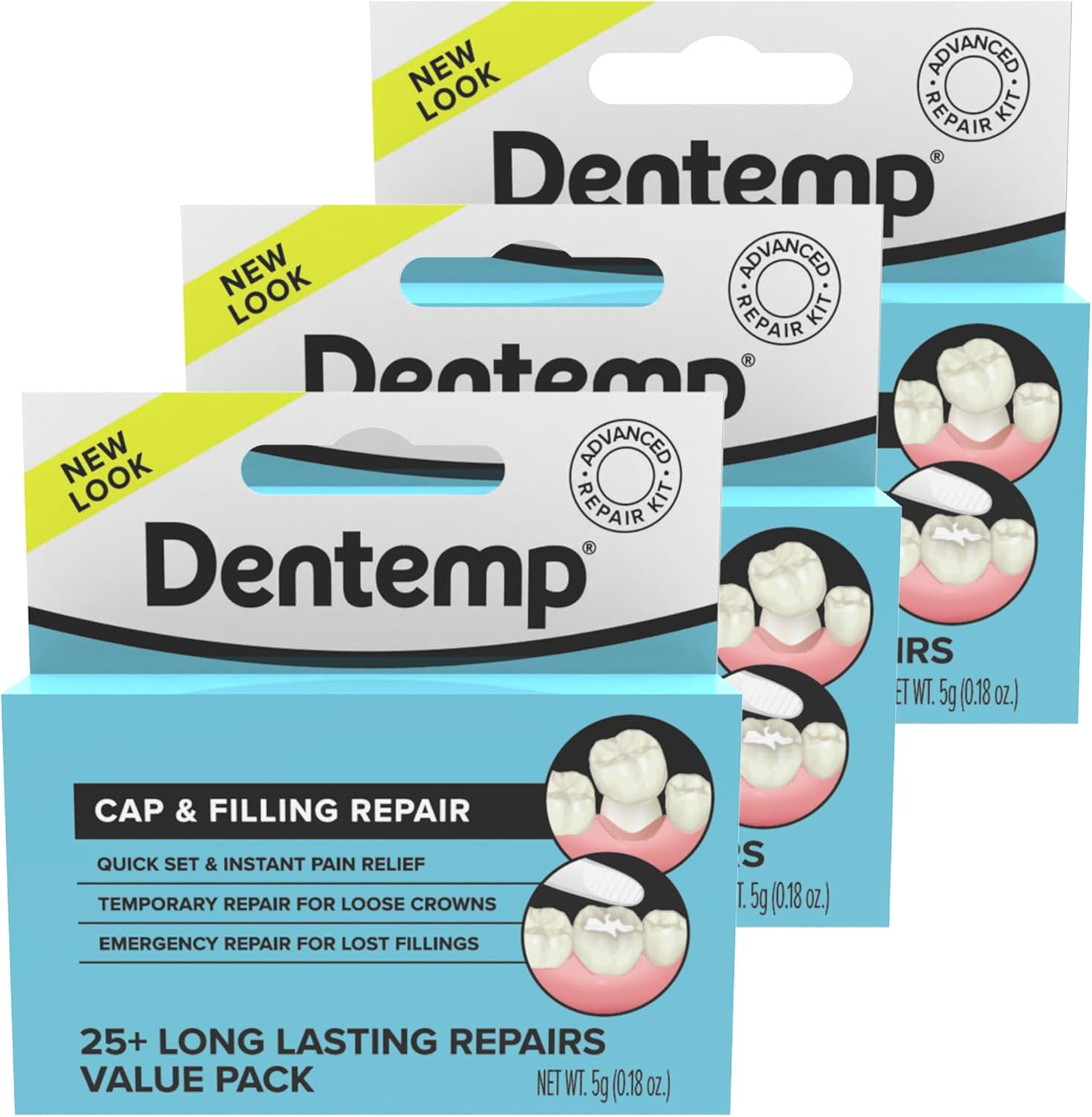 Dentemp Maximum Strength Loose Cap and Lost Filling Repair - Dental Repair Kit for Instant Pain Relief - Value Pack 5g (Pack of 3) - (Packaging May Vary)