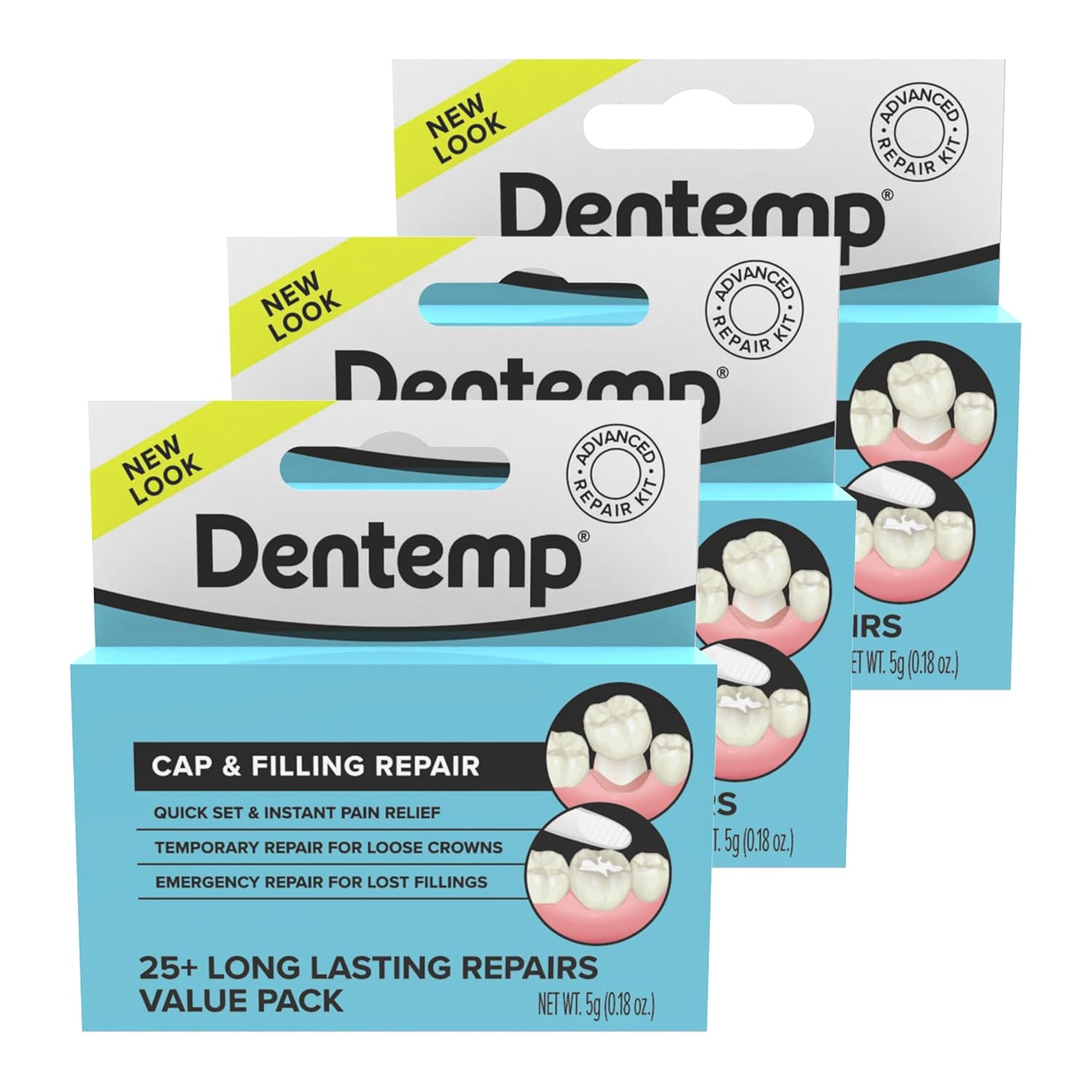 Reparo Instantâneo para Dentes Soltos Dentemp - Kit de Reparação Dental com Alívio Rápido da Dor - Pacote Econômico (15g - Pacote de 3)