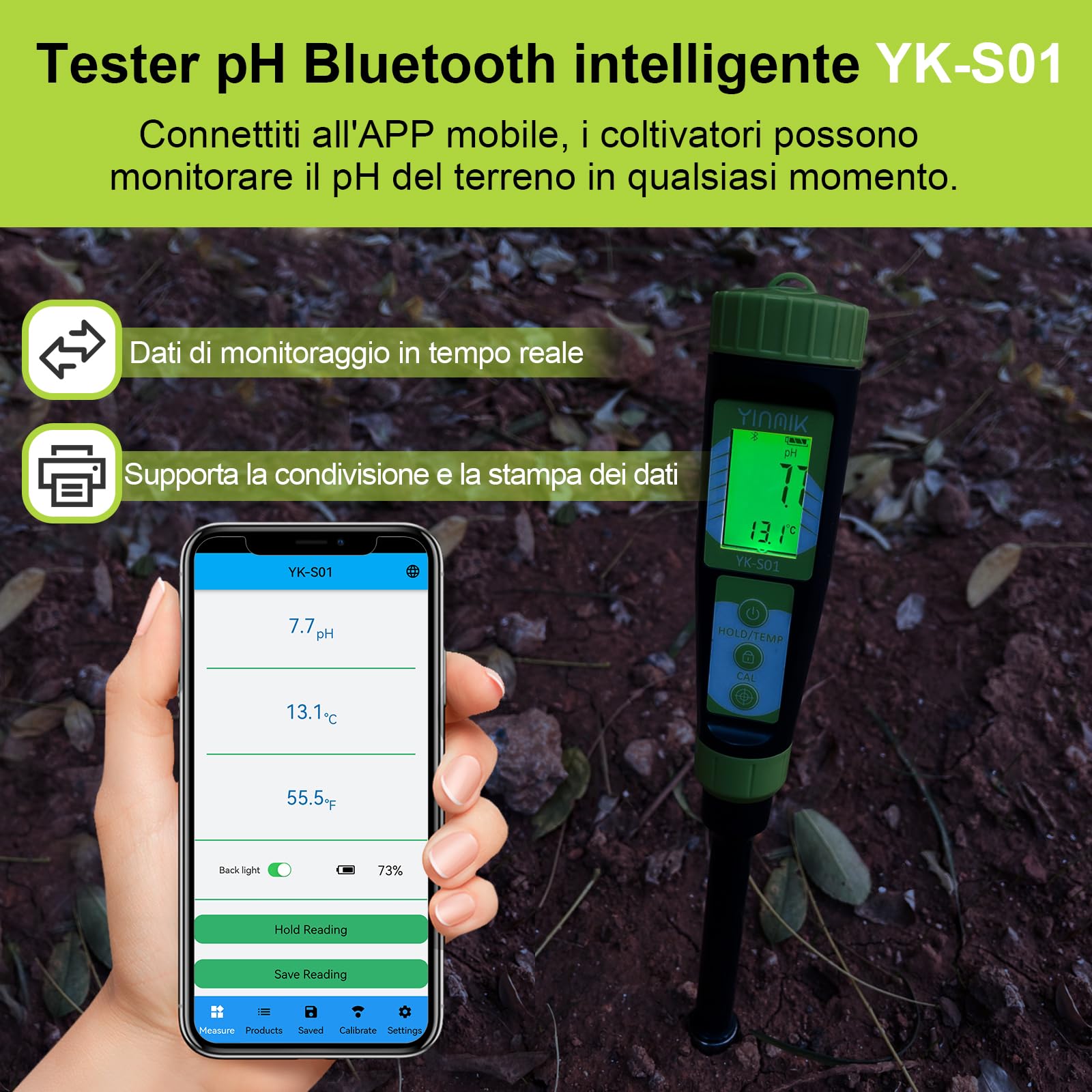 YINMIK Misuratore di PH Digitale del Terreno con sonda PH aggiuntiva | Per giardinieri, Tester pH suolo per cura piante, Misura pH terriccio, Per interni, esterni, serre, giardini, prati