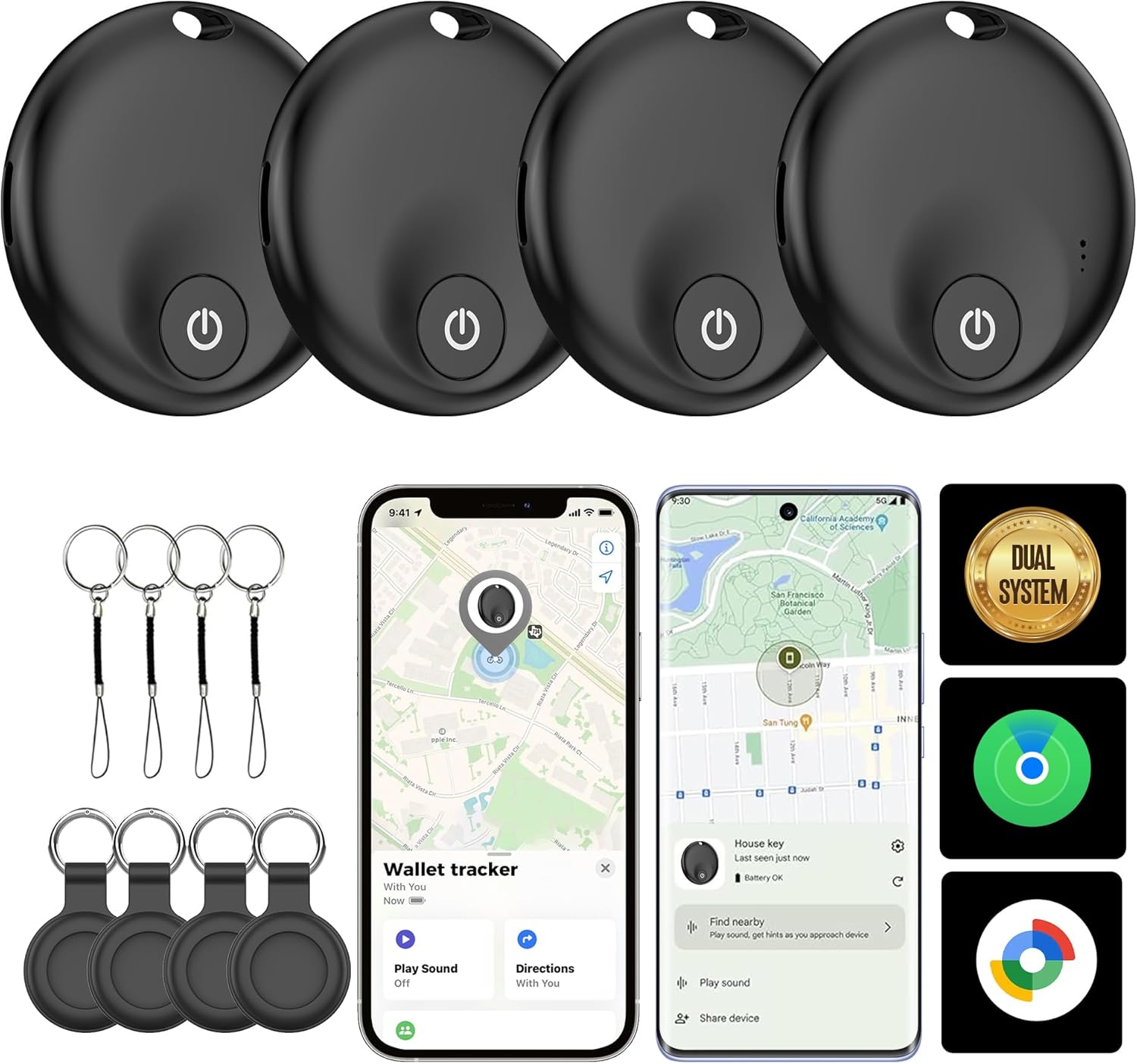 Four black PAKCQNH Air Tracker Tags with keyrings and phone screens showing tracking apps.