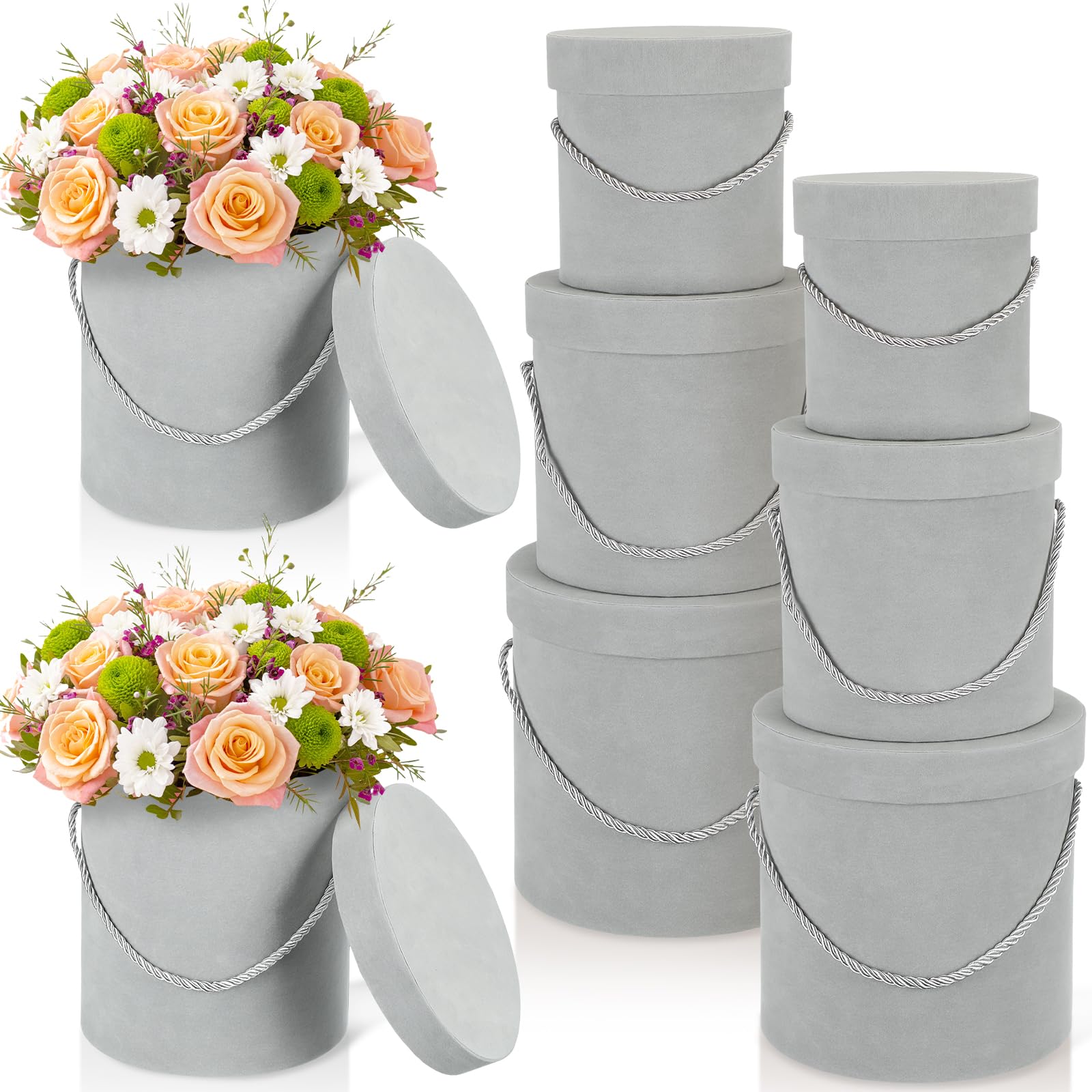 Uiifan 6 Pcs Round Velvet Flower Box with Lids Wedding Velvet Nesting Gifts Box with Handle for Luxury Flower Gift Arrangement Bridesmaid Birthday Party Favor(Gray)