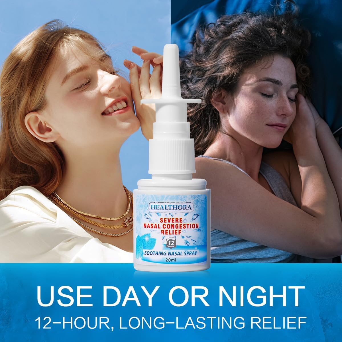 Healthora Clear & Cool Nasal Spray, 20ml, 12-Hour Severe Congestion Relief, Non-Drowsy Formula with Menthol