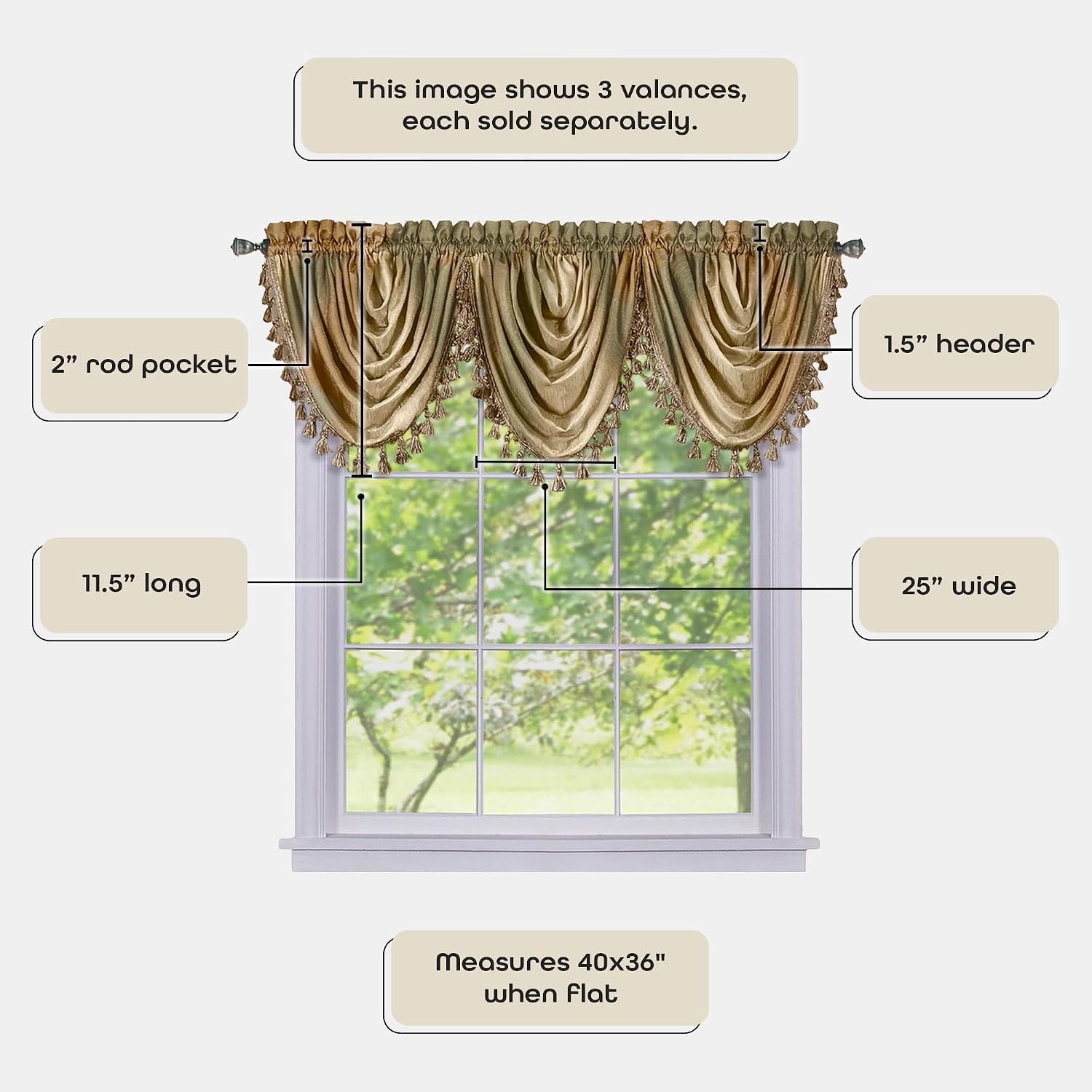 ACHIM Soft Waterfall Valance Window Curtains - 46 Inch Width, 40 Inch Length - Ombre (Earth) - Light Filtering Decorative Polyester Drapes for Bedroom Living & Dining Room Home Decor