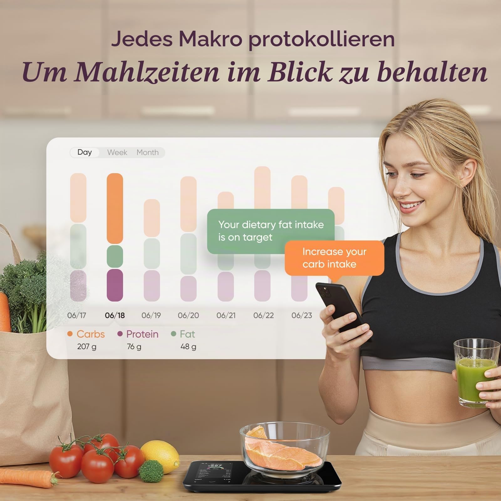COSORI Intelligente digitale Lebensmittel-Küchenwaage mit Ernährungsrechner, Nährstoffinformationen auf dem Bildschirm, kostenlose App für Kalorien- und Makro-Tracking, KI-Scan, persönliche Ziele, zur
