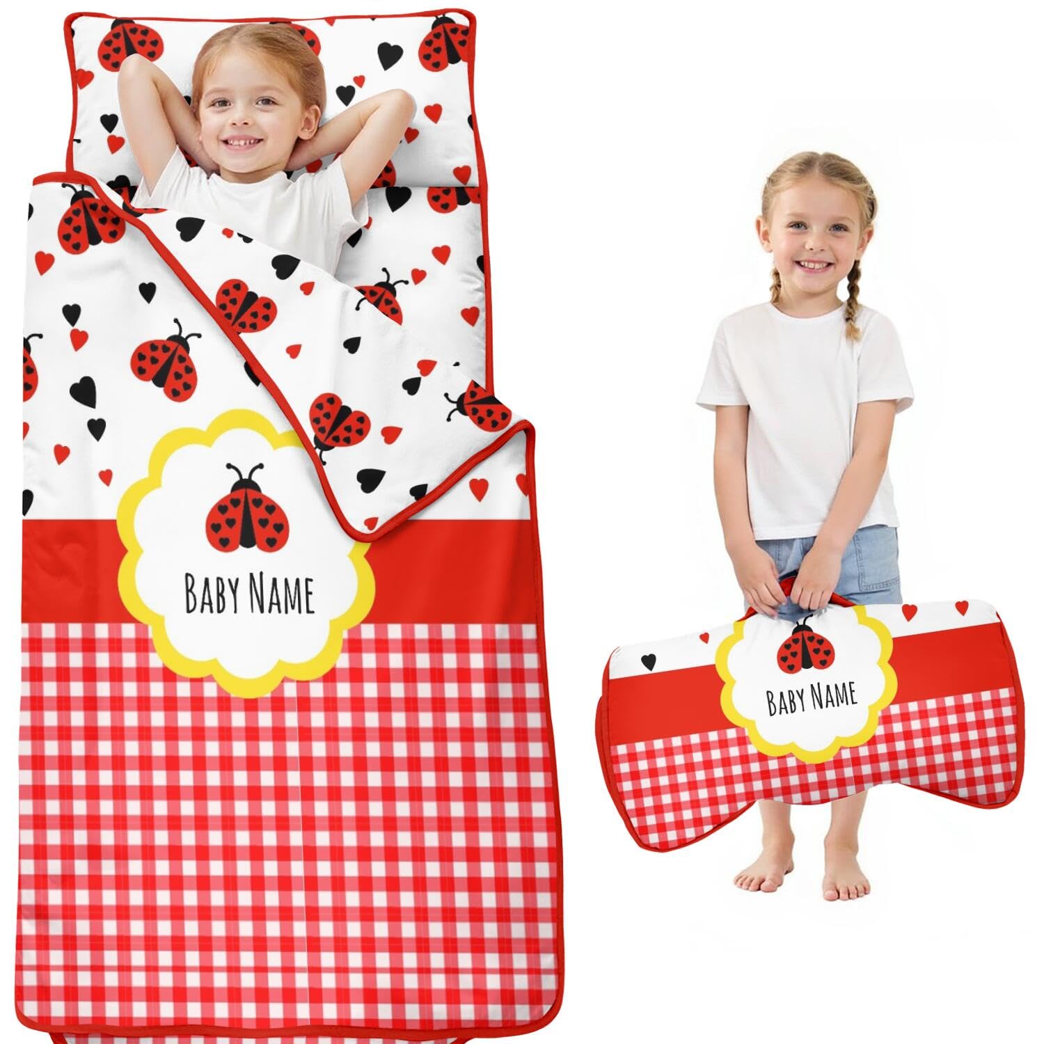 Personalized Cute Ladybug Nap Mat for Toddler Girls, Custom Name Multi-use Napping Mats for Daycare Preschool Sleepovers, Soft Breathable Kids Sleeping Bag with Pillow and Blanket Quilt