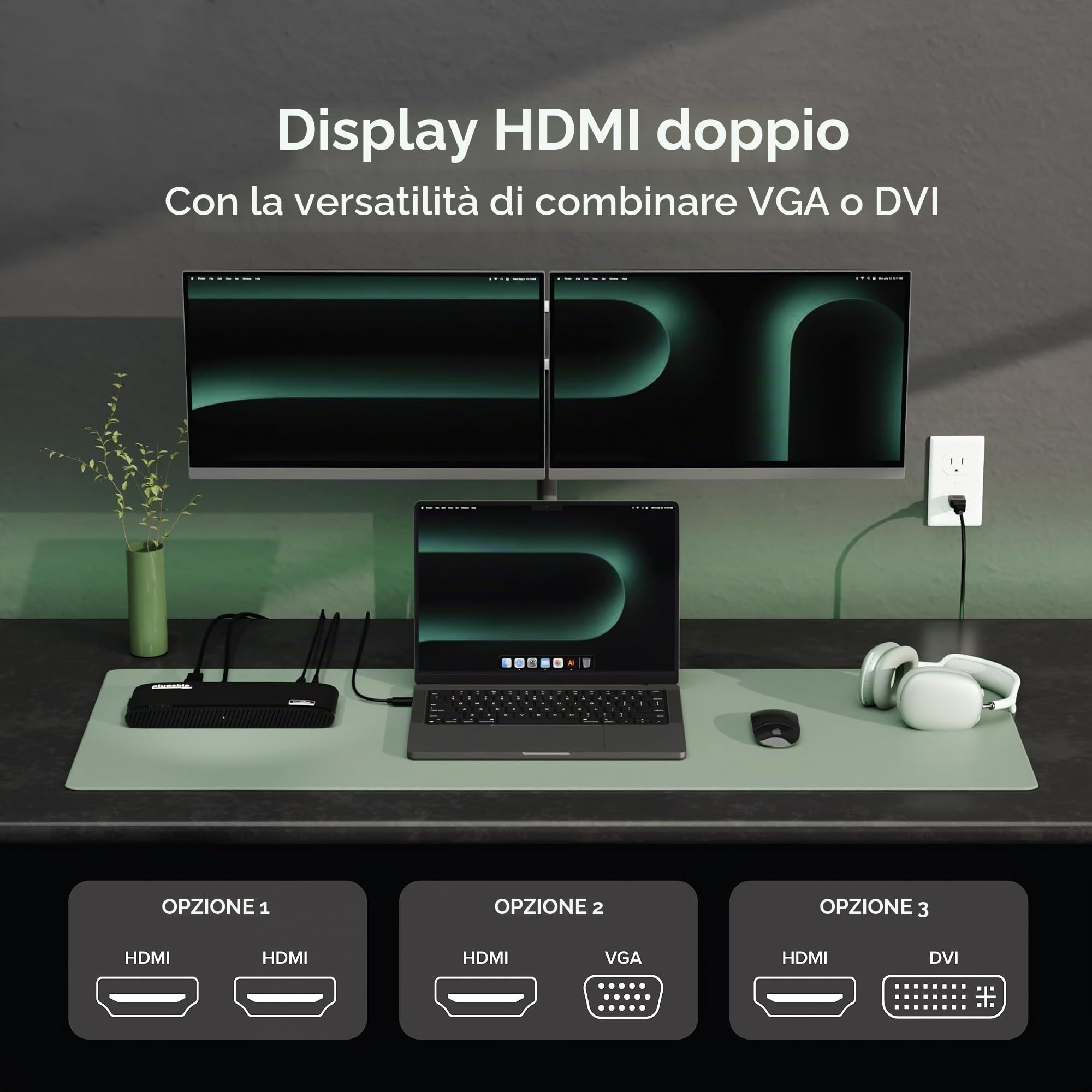 Plugable USB 3.0 Docking Station Orizzontale Doppio Monitor per Windows e Mac (Doppio Video HDMI e DVI/VGA, Gigabit Ethernet, Audio, 6 Porte USB)