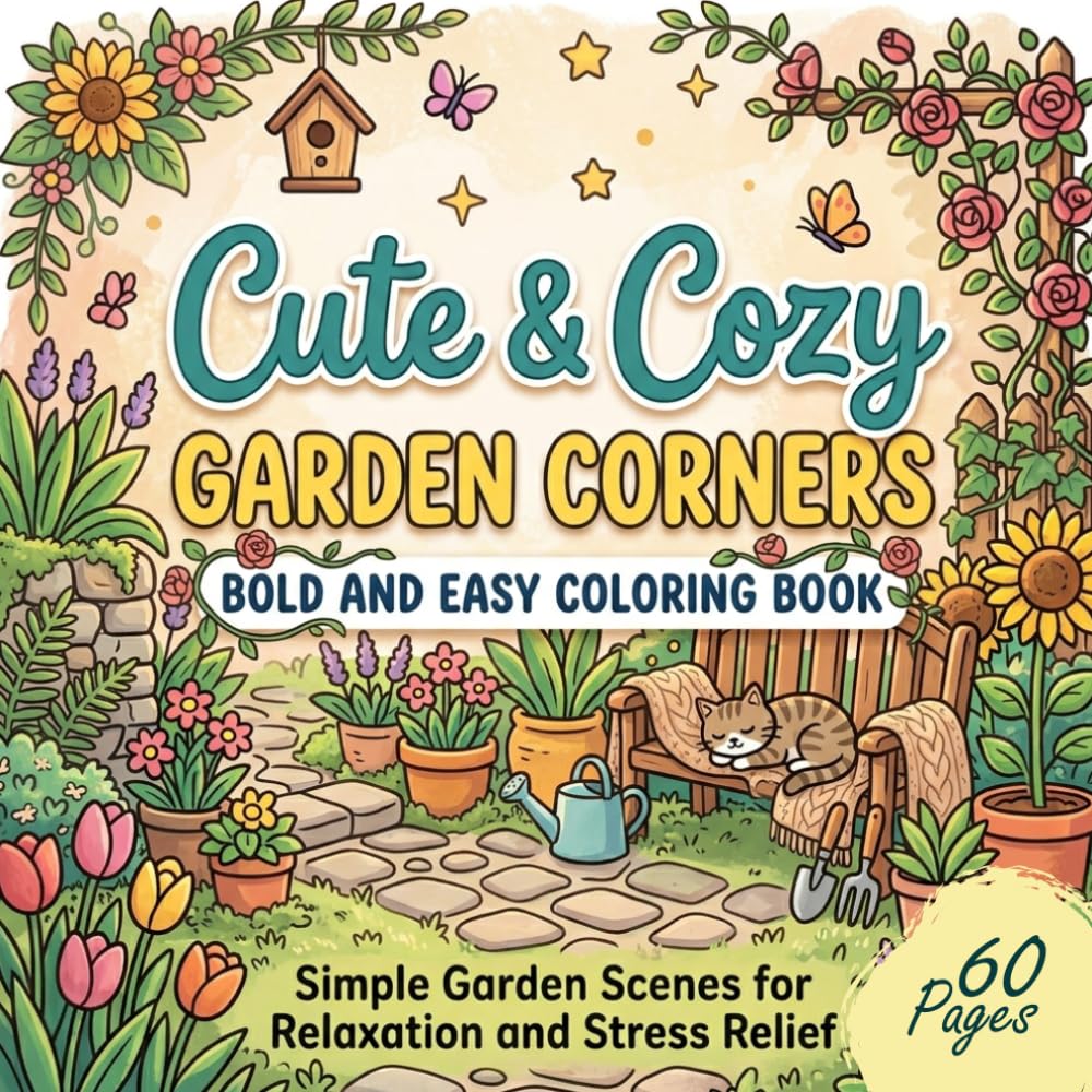 Cute & Cozy Garden Corners Coloring Book: Bold and Easy Garden Scenes with Flowers Birds and Peaceful Nature for Relaxation and Stress Relief
