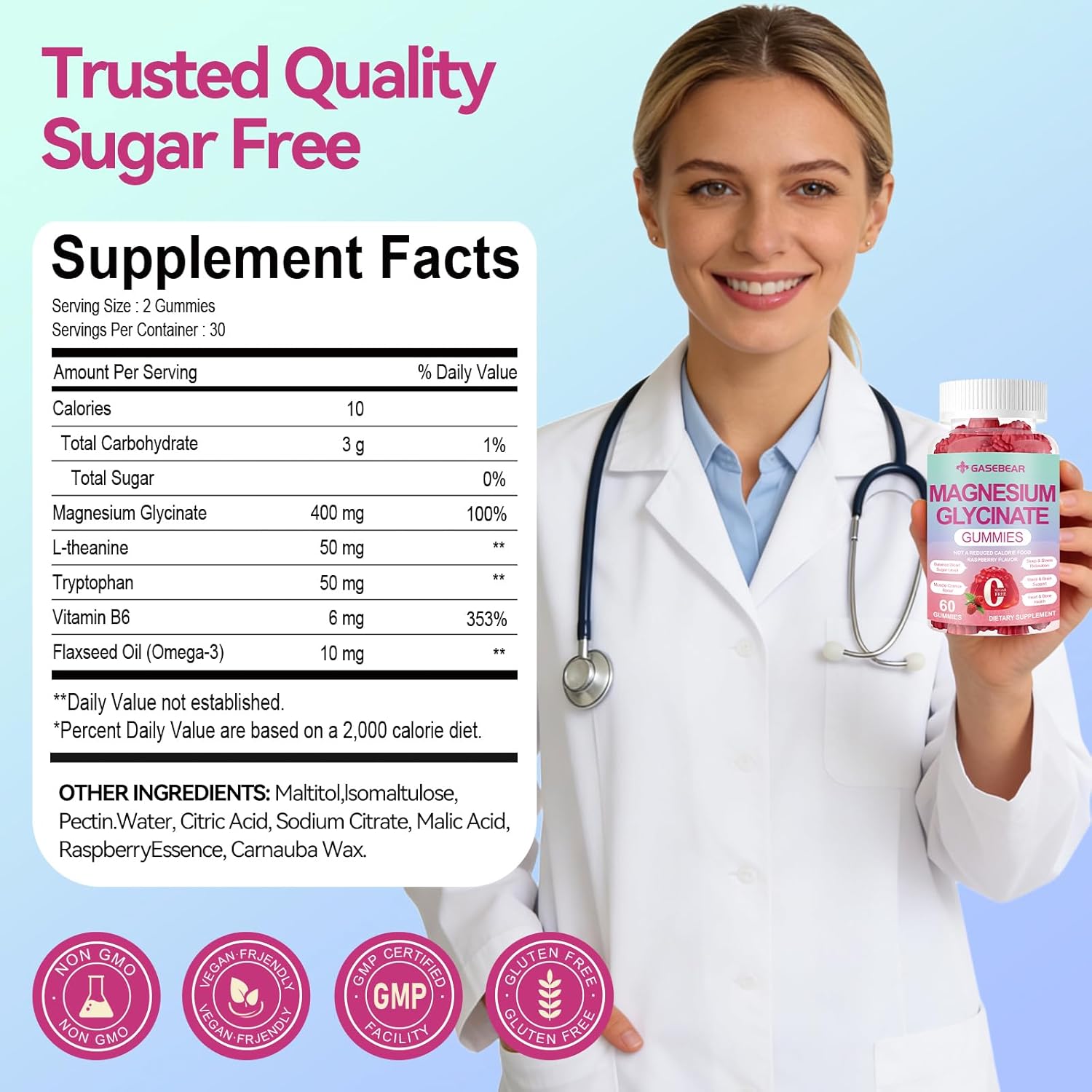 Magnesium Glycinate Gummies 400mg, Sugar Free Vegan Magnesium Supplement for Adults & Kids with L-threonate, B6, Tryptophan & Omega-3 for Sleep, Muscle & Calm Support, 60 Raspberry Chewables - Image 7