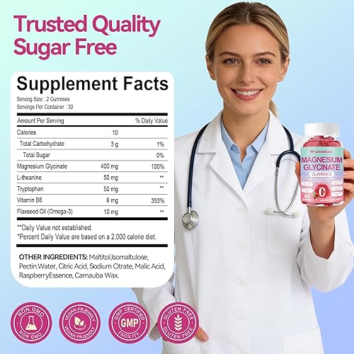 Miniatura 7 de Gomitas de glicinato de magnesio de 400 mg, suplemento de magnesio vegano sin azúcar para adultos y niños con L-treonato, B6, triptófano y omega-3