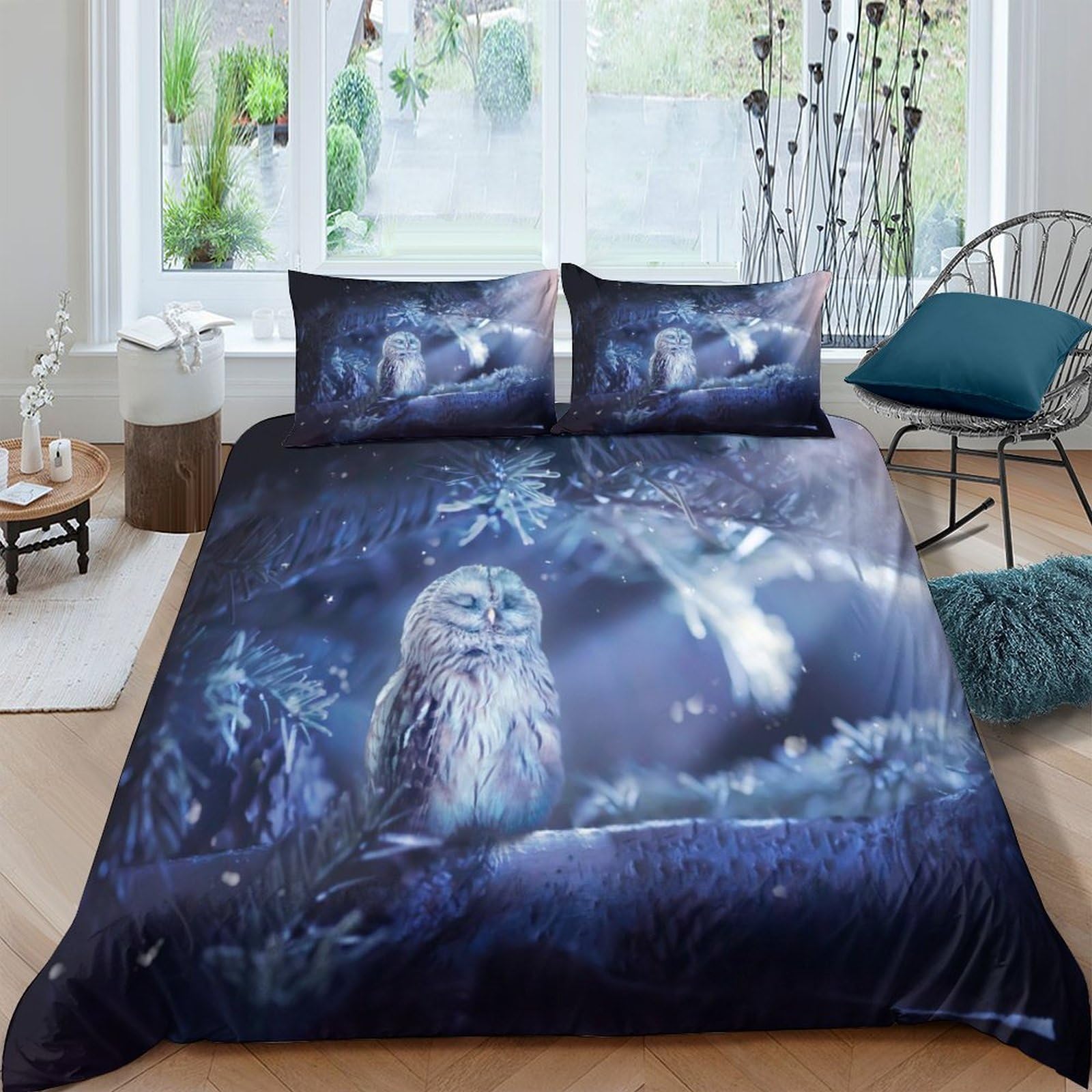 GPLZQXKJNH 3D Printed Night Forest Owl Duvet Cover Set Microfiber Soft Breathable Moonlight Bedding Set with 2 Pillowcases for Bedroom Decor Single（135x200cm）