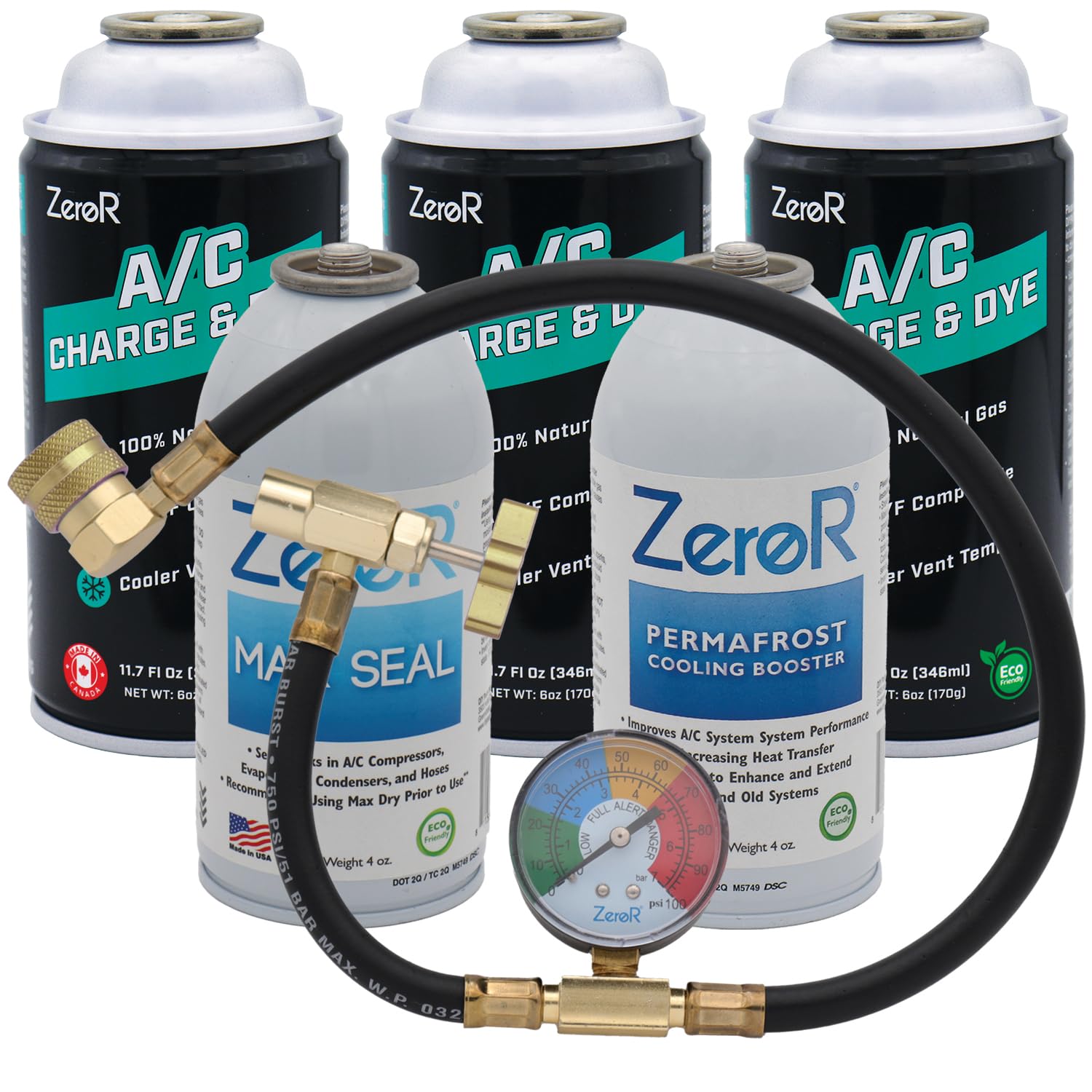 ZeroR® Premium Repair & Recharge Kit for R134a Refrigerant Systems | Max Seal, Permafrost, R134a Replacement | 24" HD Can Tap Gauge