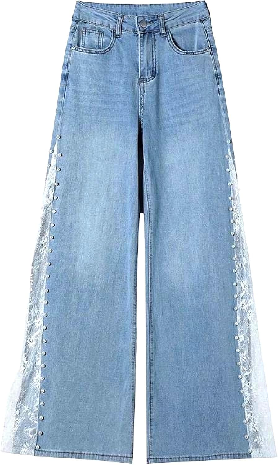 Women's Embroidered High Waist Wide Leg Jeans with Lace Beaded Trim Special Occasions Denim Pants