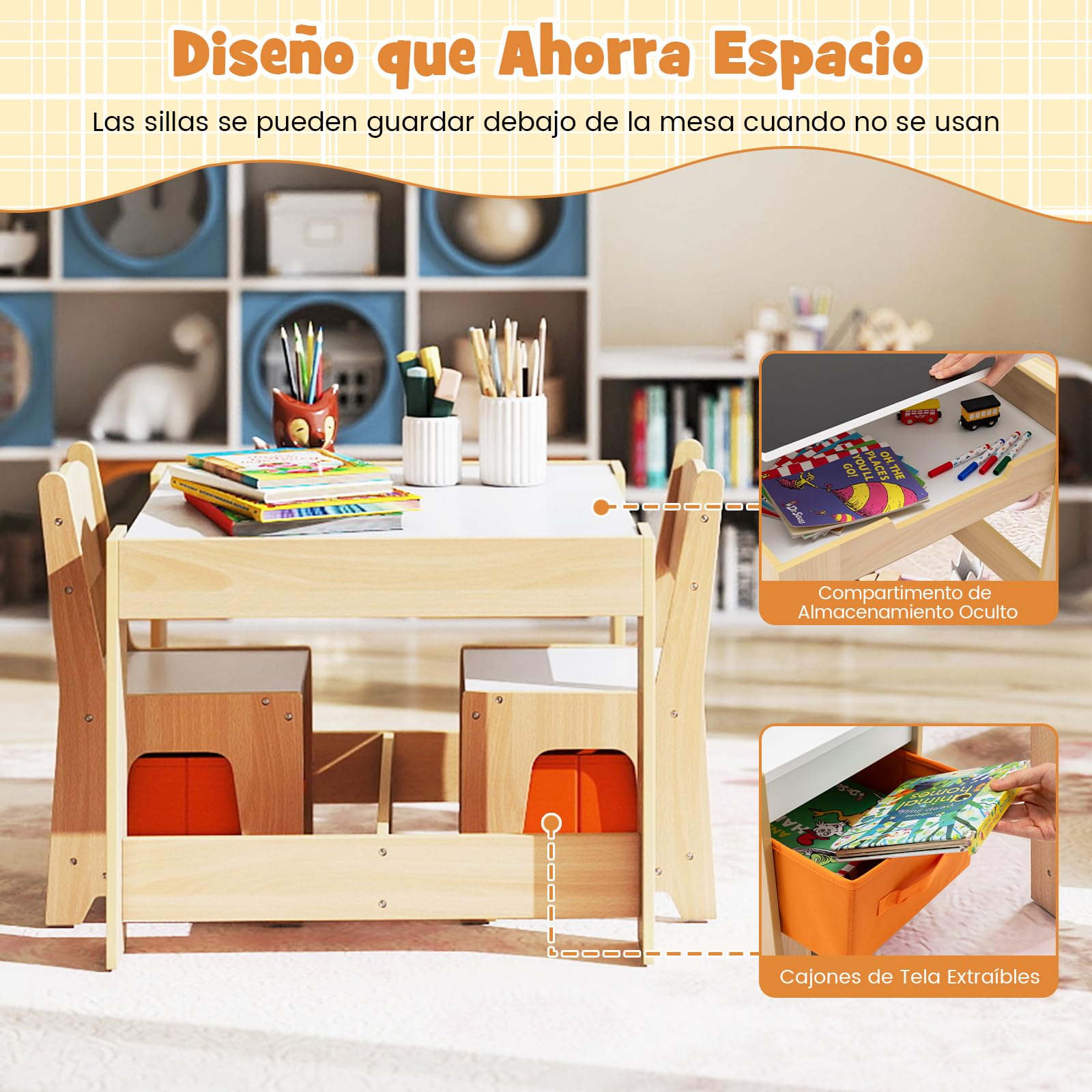 COSTWAY Juego de Mesa y Sillas Infantil, Mesa de Actividades 3 en 1 para Niños con Superficie Reversible y Cajas de Almacenaje, Set de Muebles Infantil de 3 Piezas (Naranja)