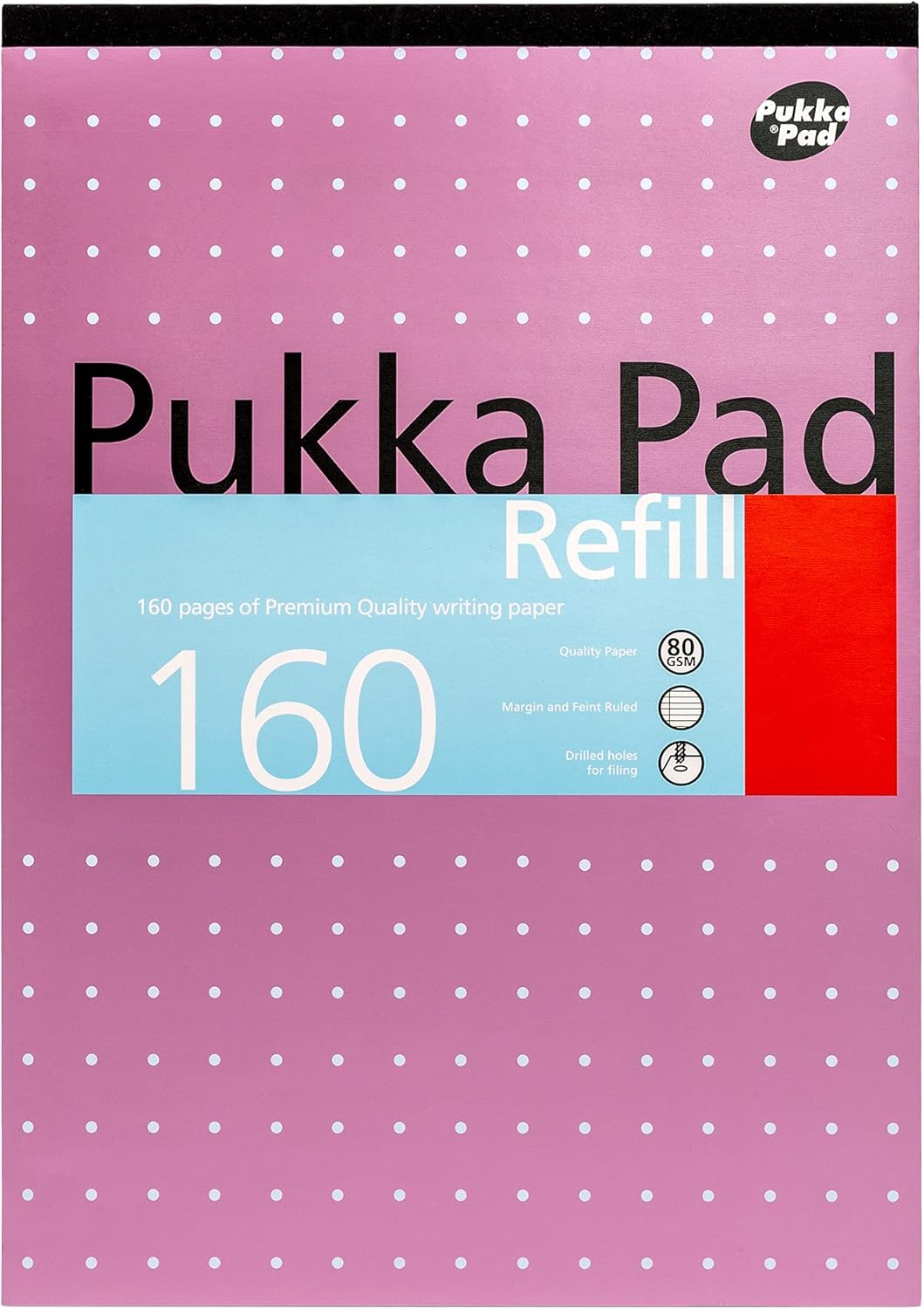 Pukka Pad, A4 Refill Notepad – 160 Pages of Premium Quality Writing Paper-80GSM, with Feint Ruled 8mm Lines and Margin–Tape Head Bound with 4-Holepunch –29.7 x 21cm –Pack of 3 Assorted