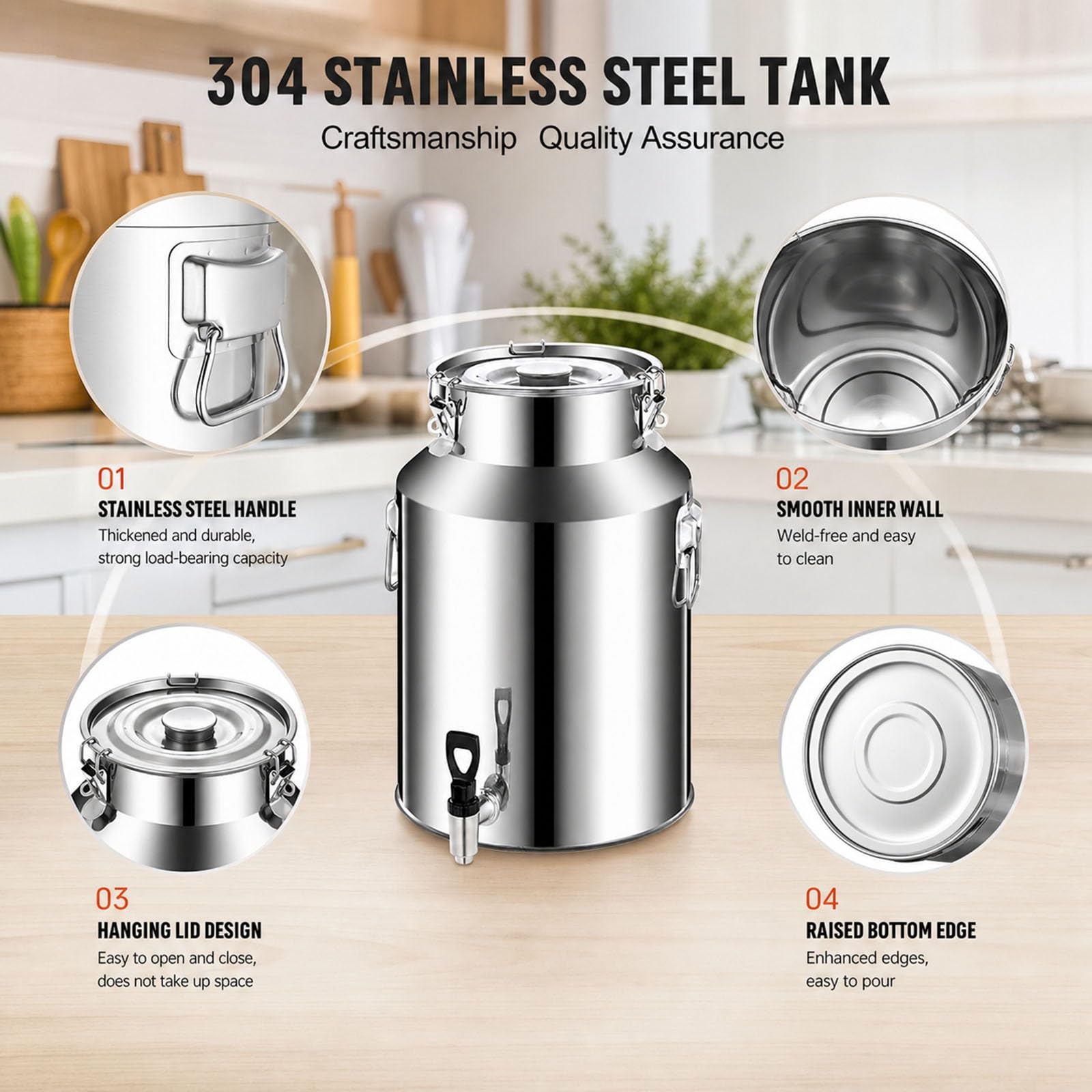 Dispensador de Bebidas Independiente de Acero Inoxidable 304, 5L-88L Cubo Dispensador de Agua con Tapa Hermética y Grifo, Cántaro de Leche Antifugas para Jugo Vino Agua