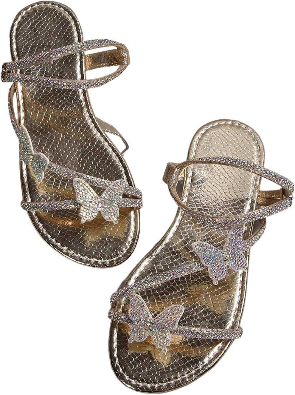 OYOANGLE Women's Rhinestone Butterfly Strappy Slide Sandals Open Toe Fancy Sandal Summer Beach Shoes