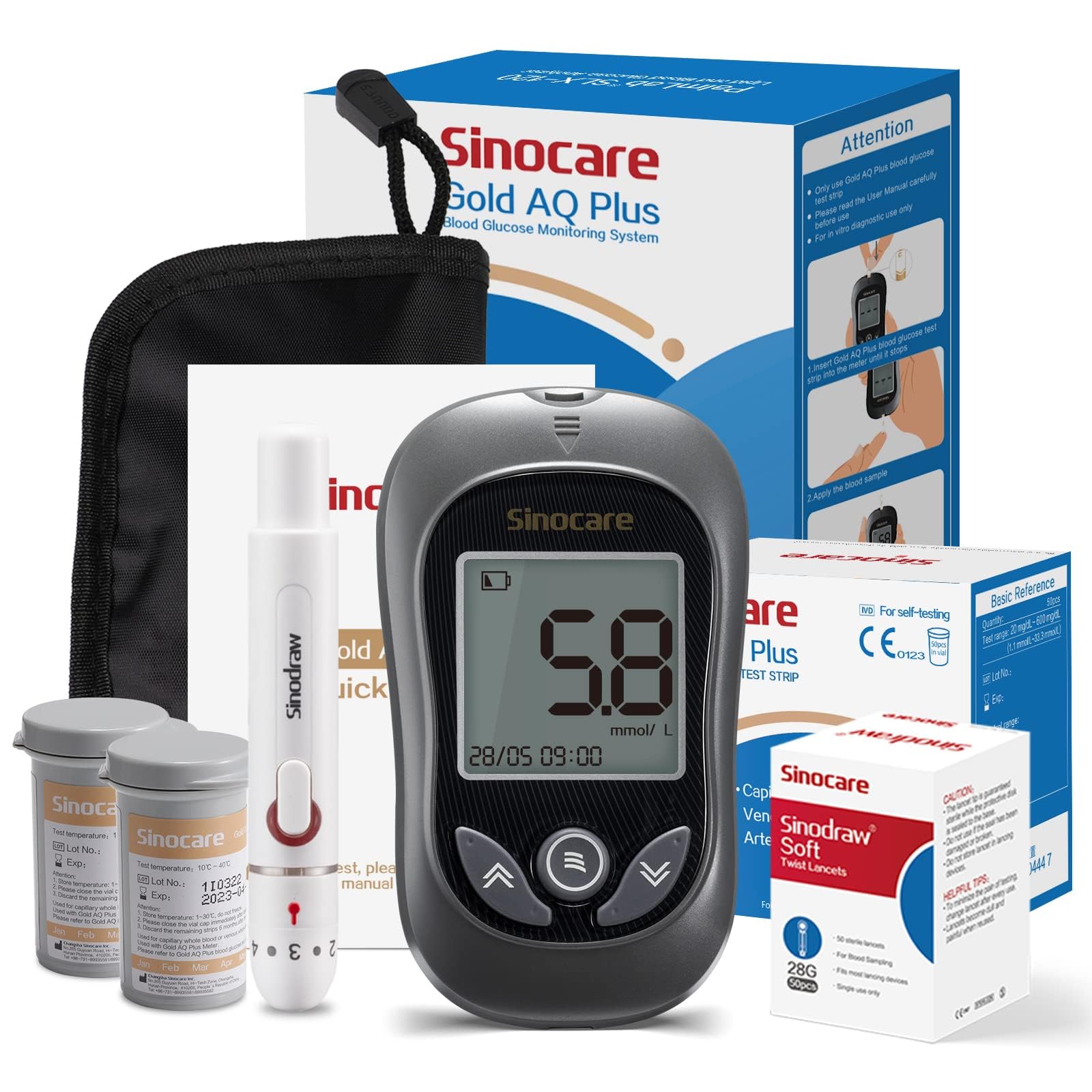 Sinocare Medidor de Glucosa en Sangre, Kit Prueba Glucosa en Sangre Glucometro 50 x Tiras Prueba Glucosa en Sangre y Dispositivo Punción (Gold AQ Plus) Certificado ClimatePartner