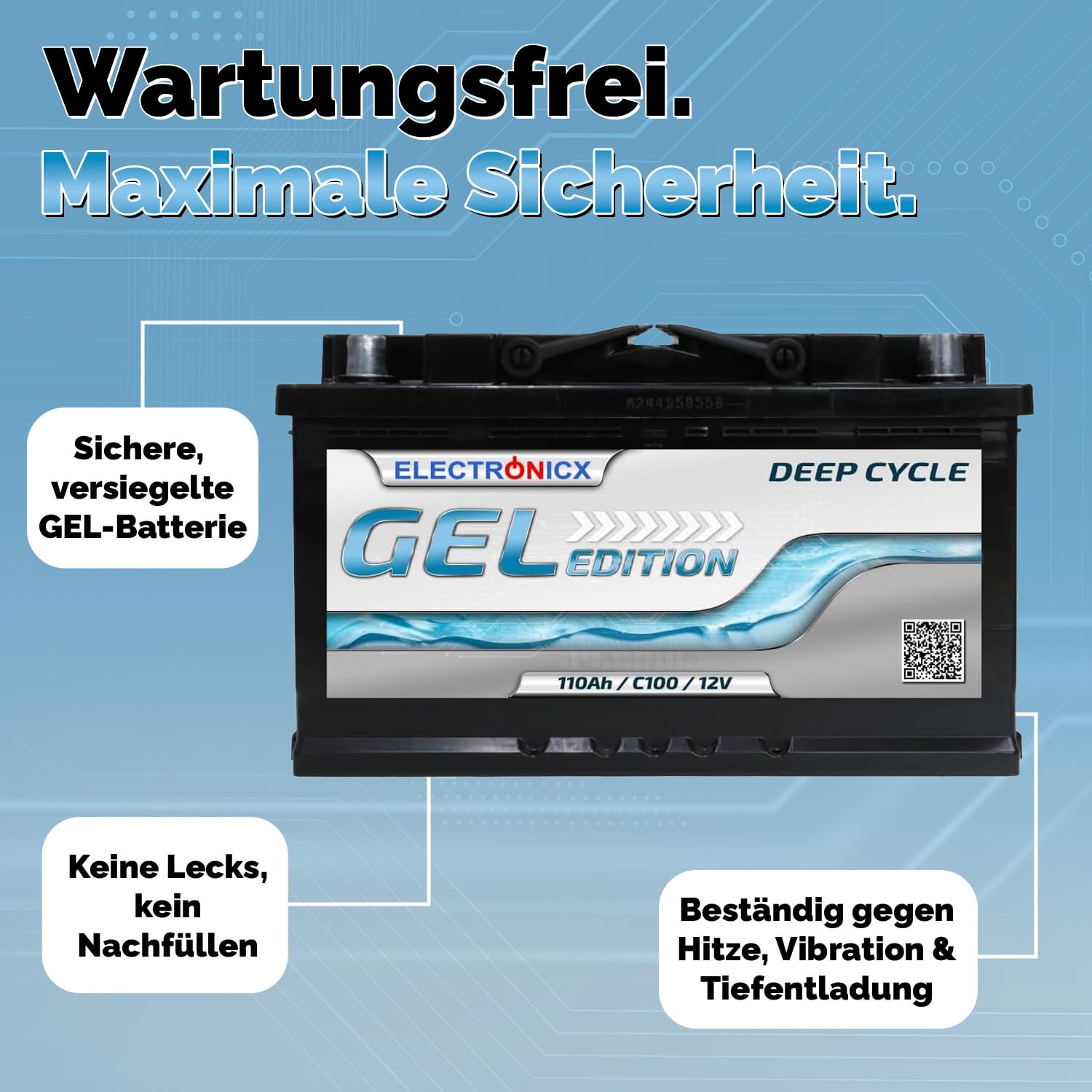 Electronicx GEL Versorgungsbatterie 12V 110Ah – 110 AH Deep Cycle Gel-Batterie für Wohnmobil, Van, Boot & Solaranlage. Maße: 315×175×190mm, gefüllt & geladen, wartungsfrei, rechts Pluspol