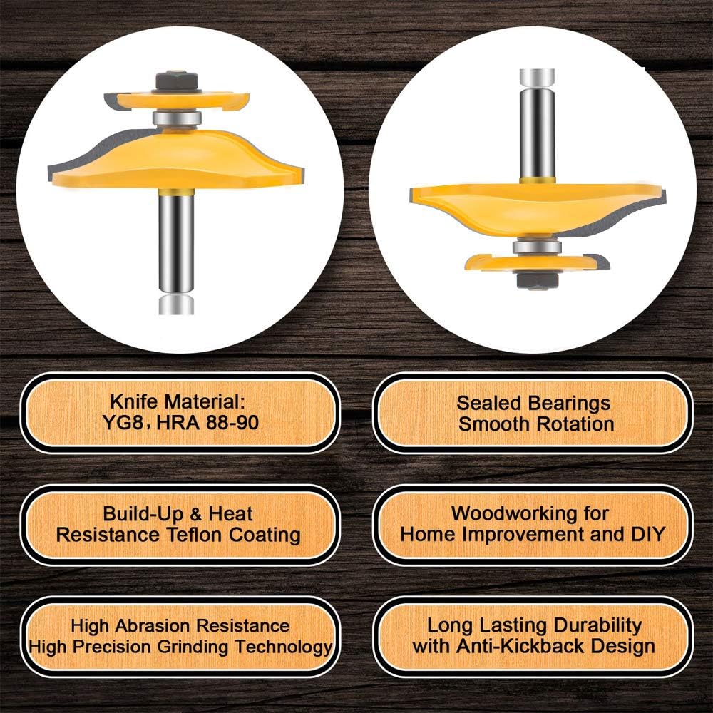 LEATBUY 1/2 Inch Shank Raised Panel Router Bit Set 3 PCS, Round Over Cabinet Door Rail and Stile Router Bits, Woodworking Wood Cutter, Wood Carbide Groove Tongue Milling Tool(1/2-Double R)