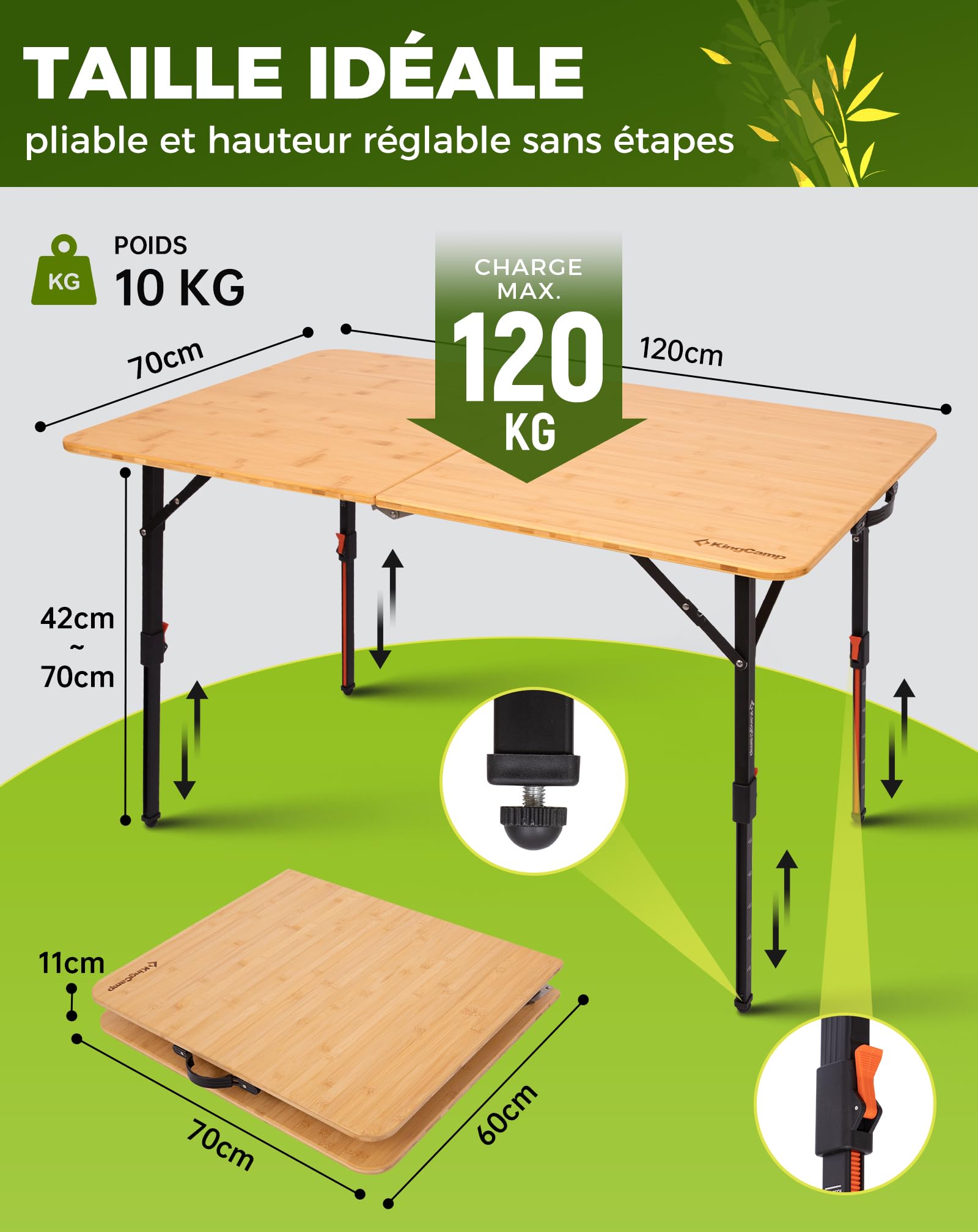 KingCamp Table de camping en bambou avec hauteur réglable (42-70 cm) – Table pliante en bambou, capacité de charge 120 kg, pliable pour camping, jardin, balcon et pique-nique, 120 x 70 cm