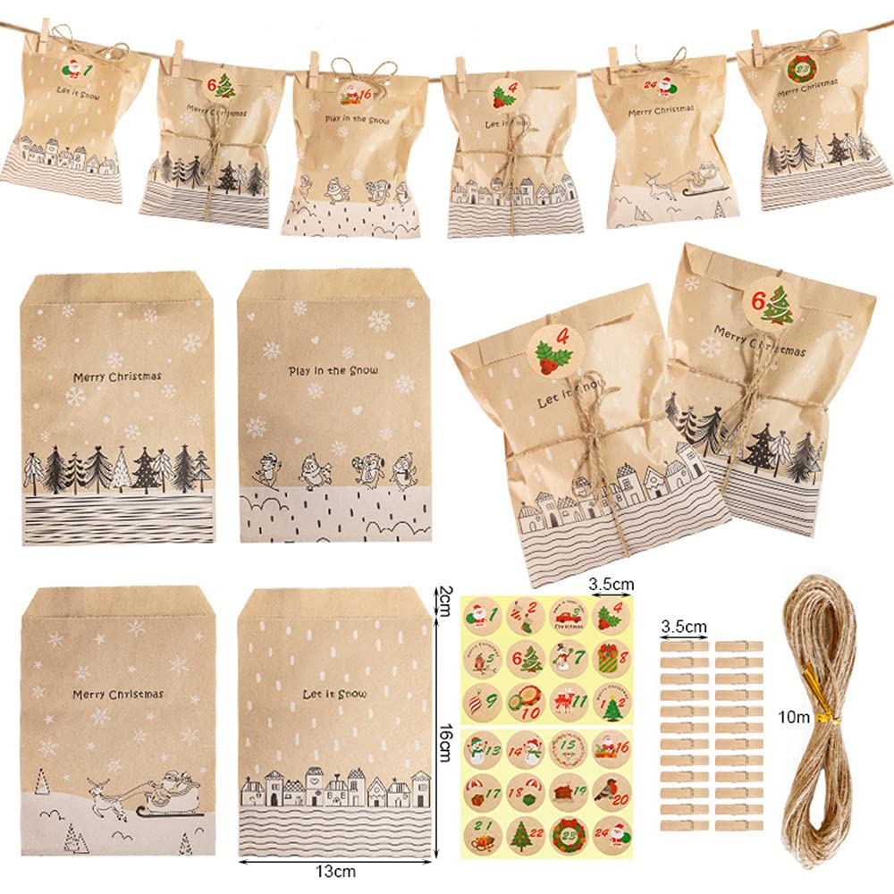 24 Stück Adventskalender Tüten Set - Papiertüten 13x24cm Mit Weihnachtsstickern