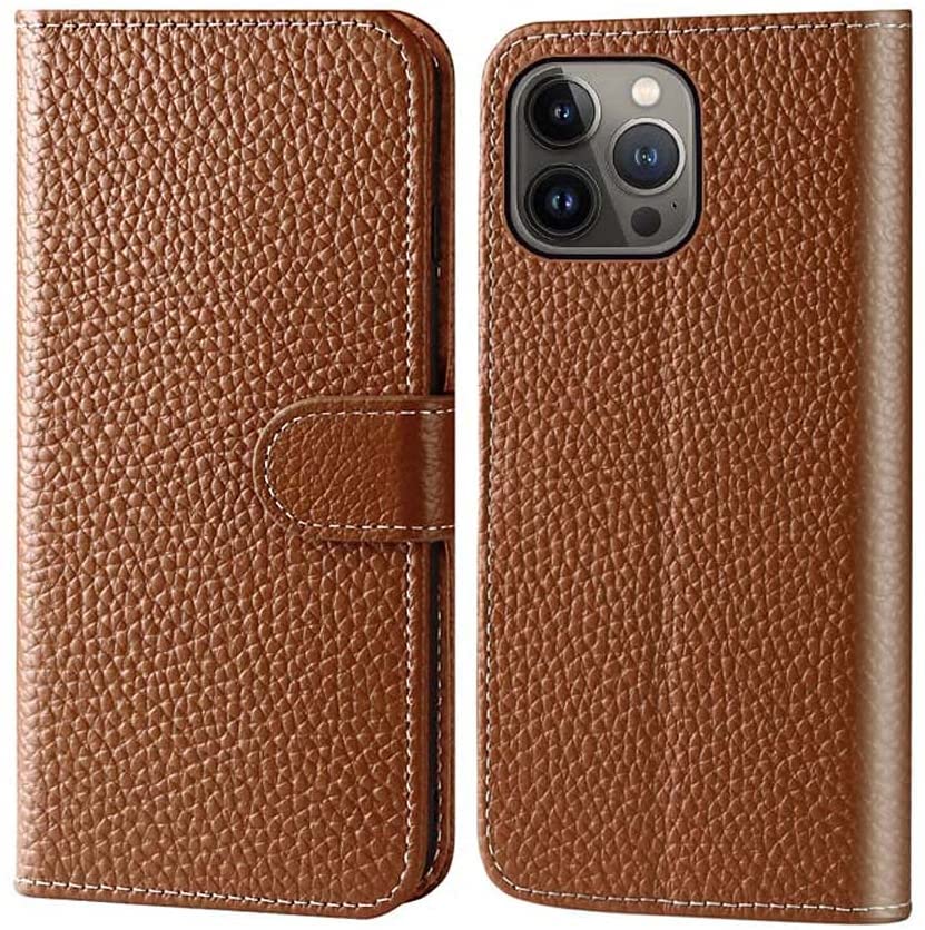 Coque portefeuille iPhone 13 Pro en cuir marron Lychee de haute finition protectrice